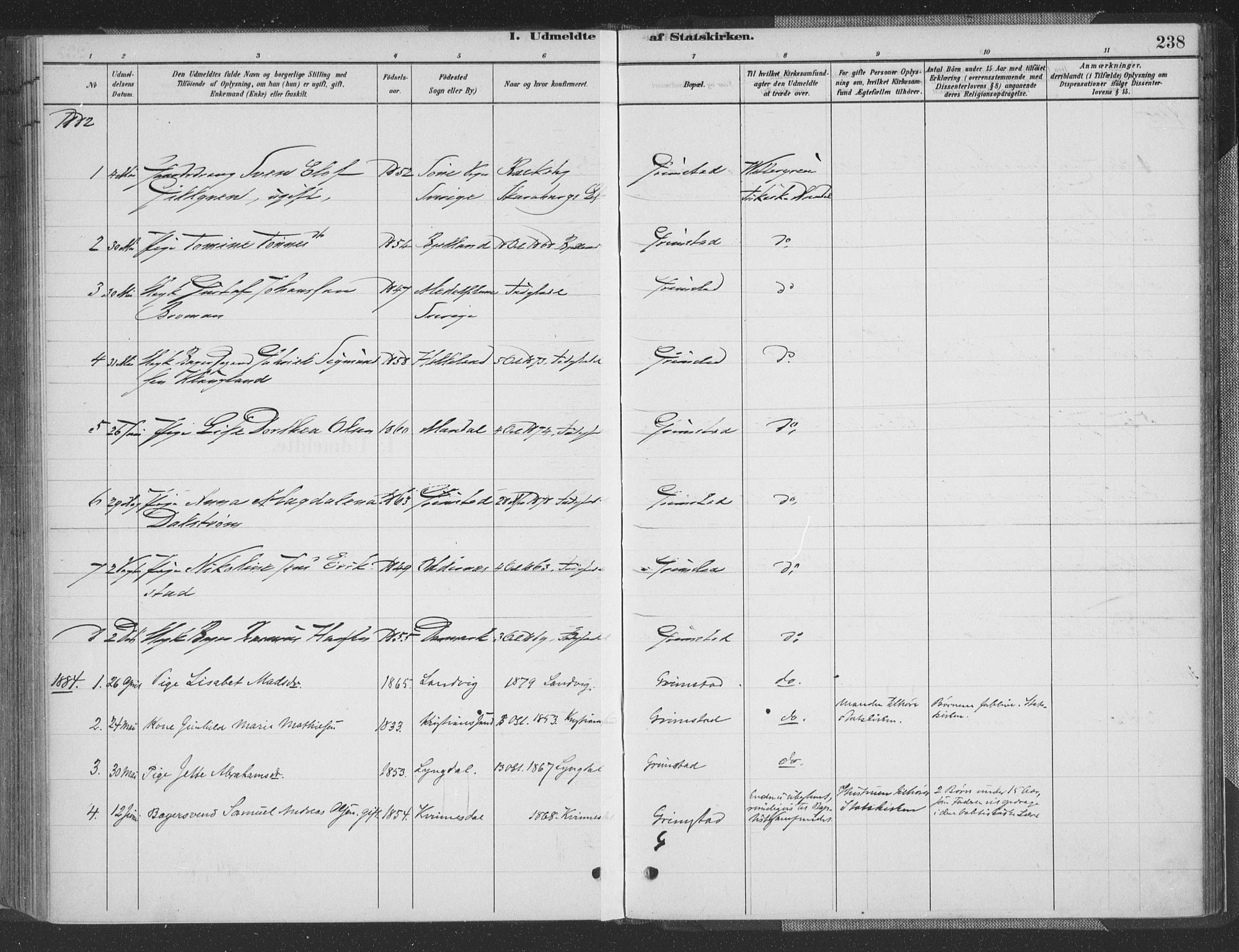 Grimstad sokneprestkontor, AV/SAK-1111-0017/F/Fa/L0004: Parish register (official) no. A 3, 1882-1910, p. 238