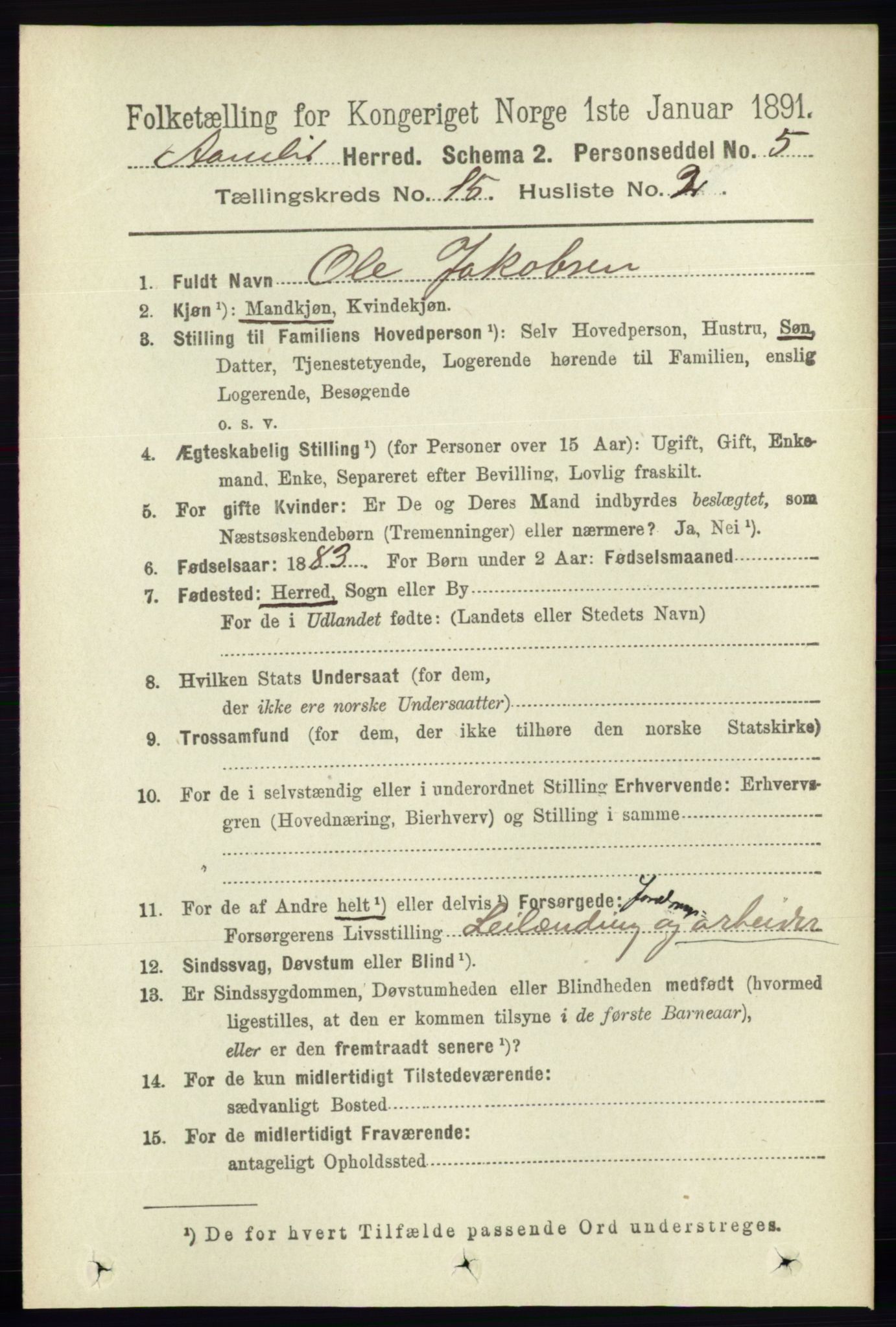 RA, 1891 census for 0929 Åmli, 1891, p. 2555