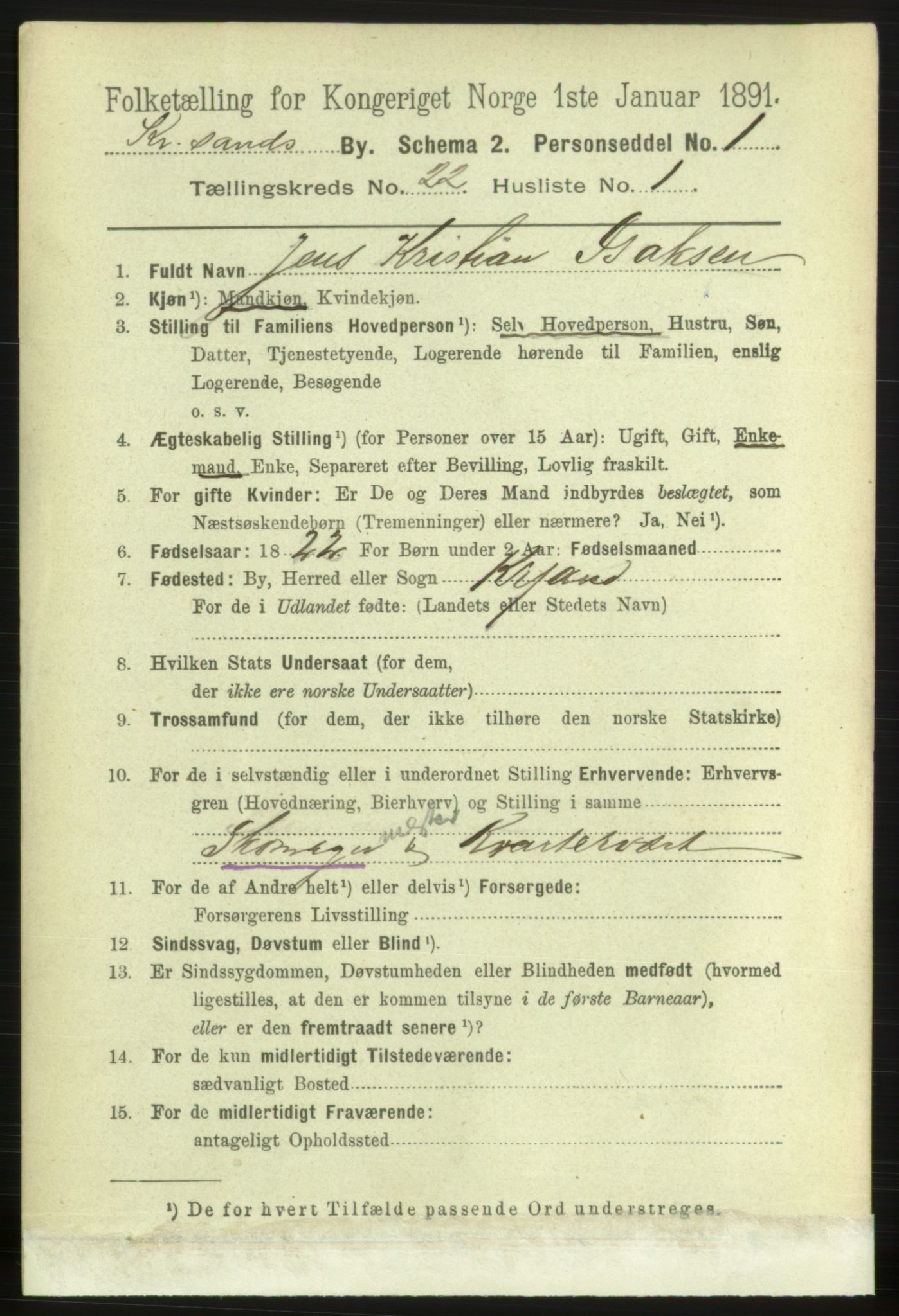 RA, 1891 census for 1001 Kristiansand, 1891, p. 8266