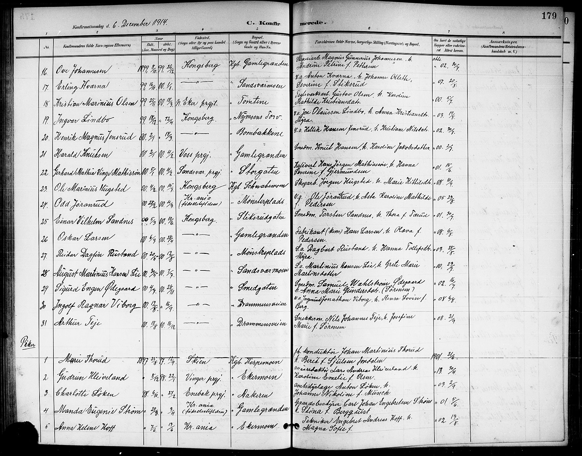 Kongsberg kirkebøker, AV/SAKO-A-22/G/Ga/L0007: Parish register (copy) no. 7, 1901-1915, p. 179