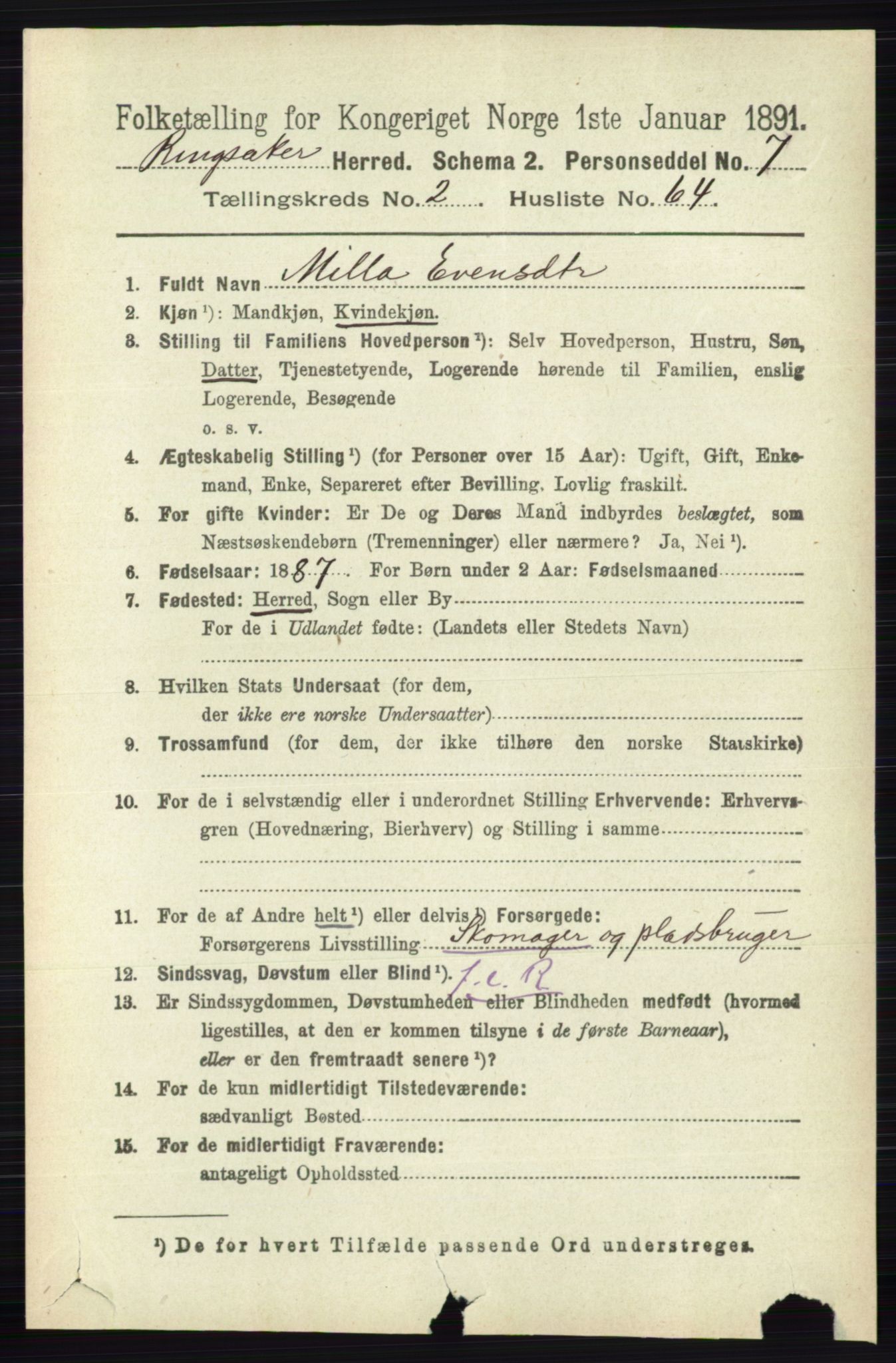 RA, 1891 census for 0412 Ringsaker, 1891, p. 1158