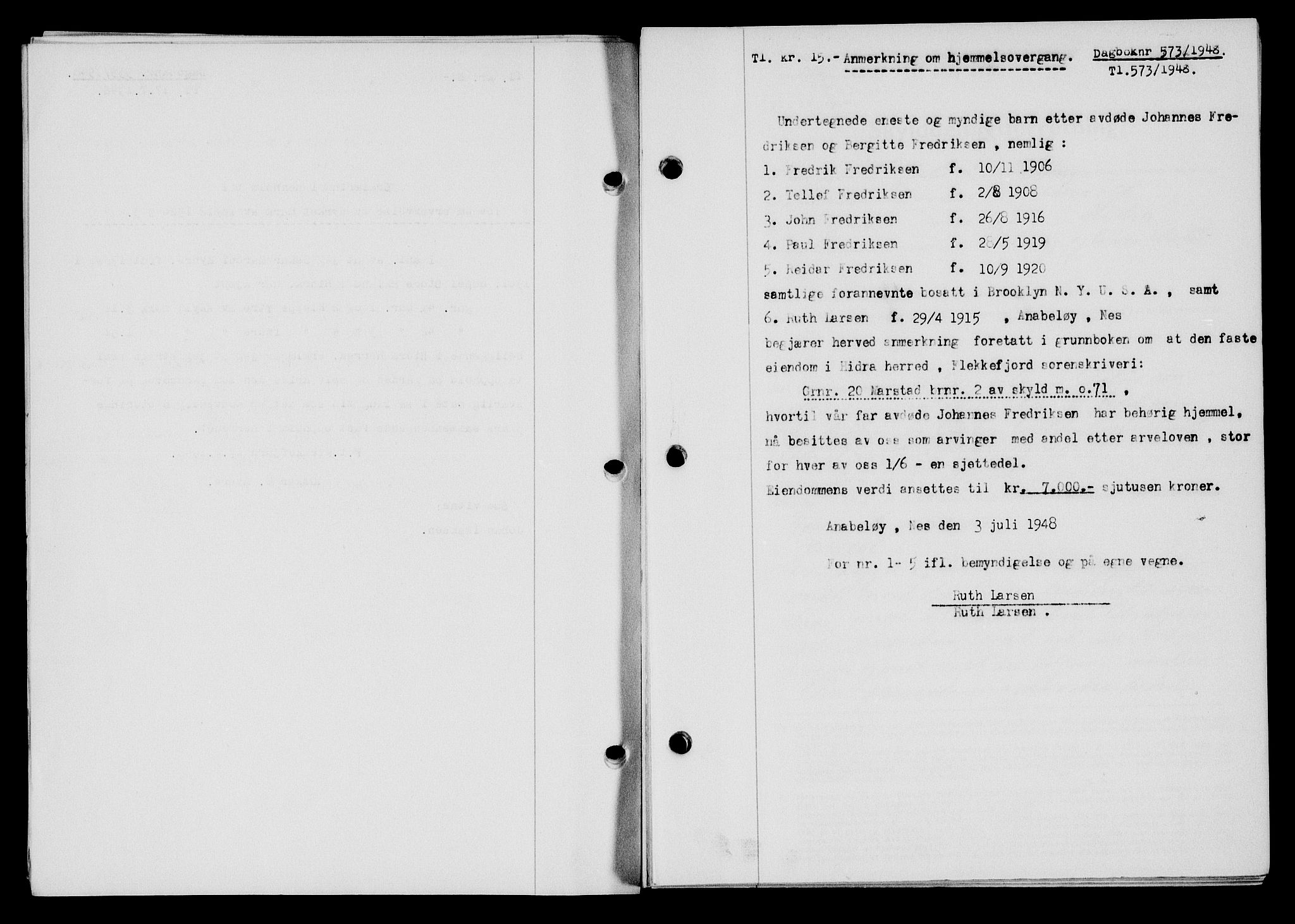 Flekkefjord sorenskriveri, SAK/1221-0001/G/Gb/Gba/L0064: Mortgage book no. A-12, 1948-1949, Diary no: : 573/1948