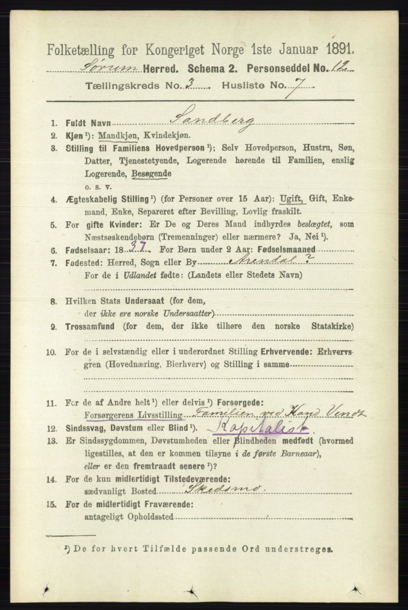 RA, 1891 census for 0226 Sørum, 1891, p. 1338