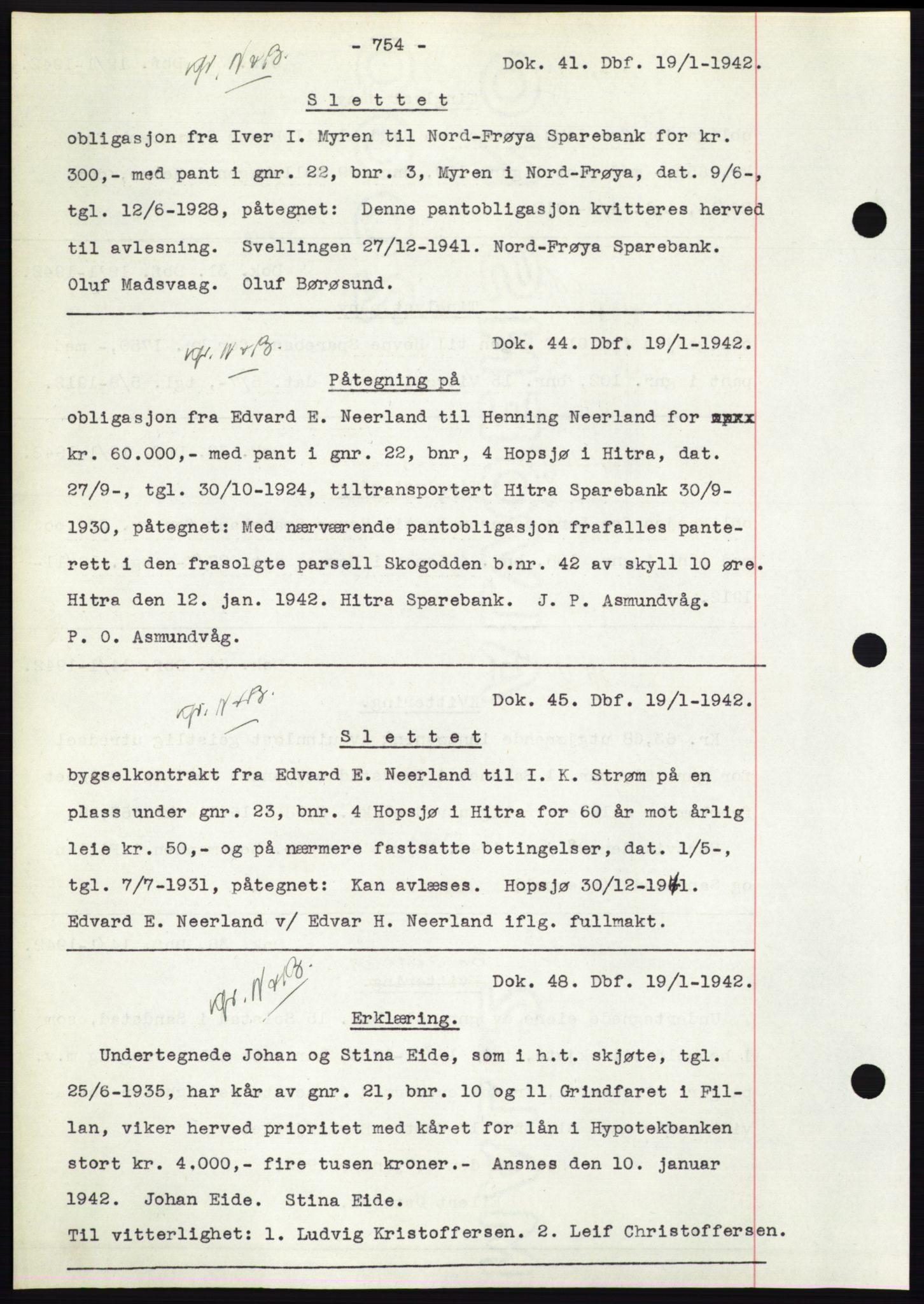 Hitra sorenskriveri, AV/SAT-A-0018/2/2C/2Ca: Mortgage book no. C1, 1936-1945, Diary no: : 41/1942