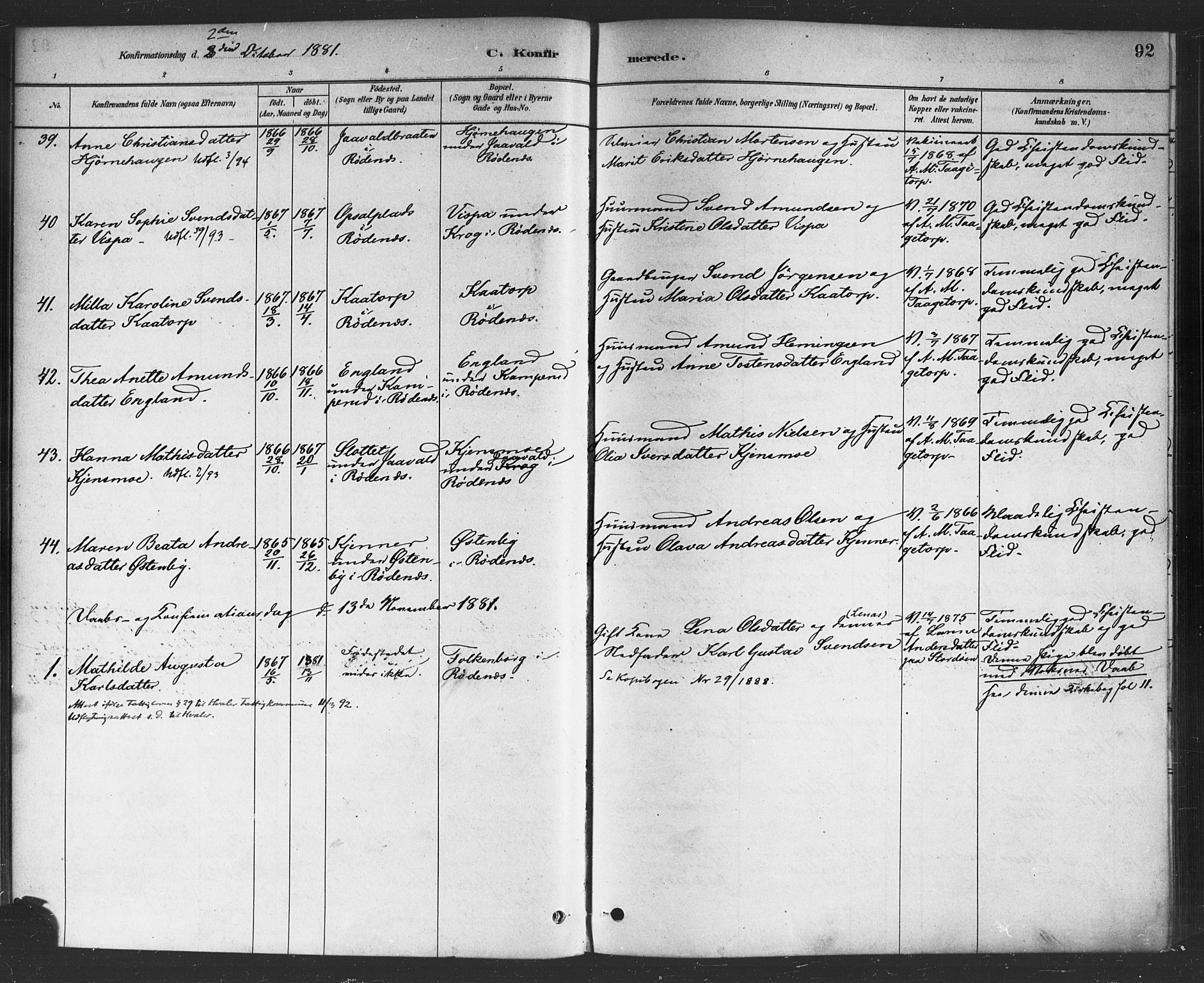 Rødenes prestekontor Kirkebøker, AV/SAO-A-2005/F/Fa/L0009: Parish register (official) no. I 9, 1880-1889, p. 92