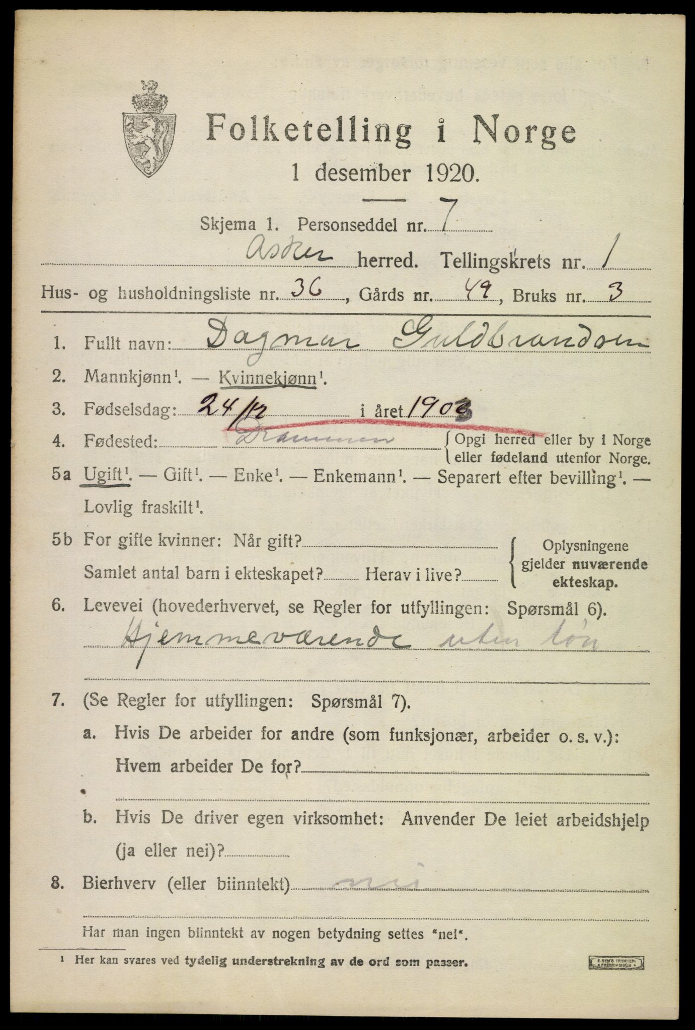 SAO, 1920 census for Asker, 1920, p. 2872