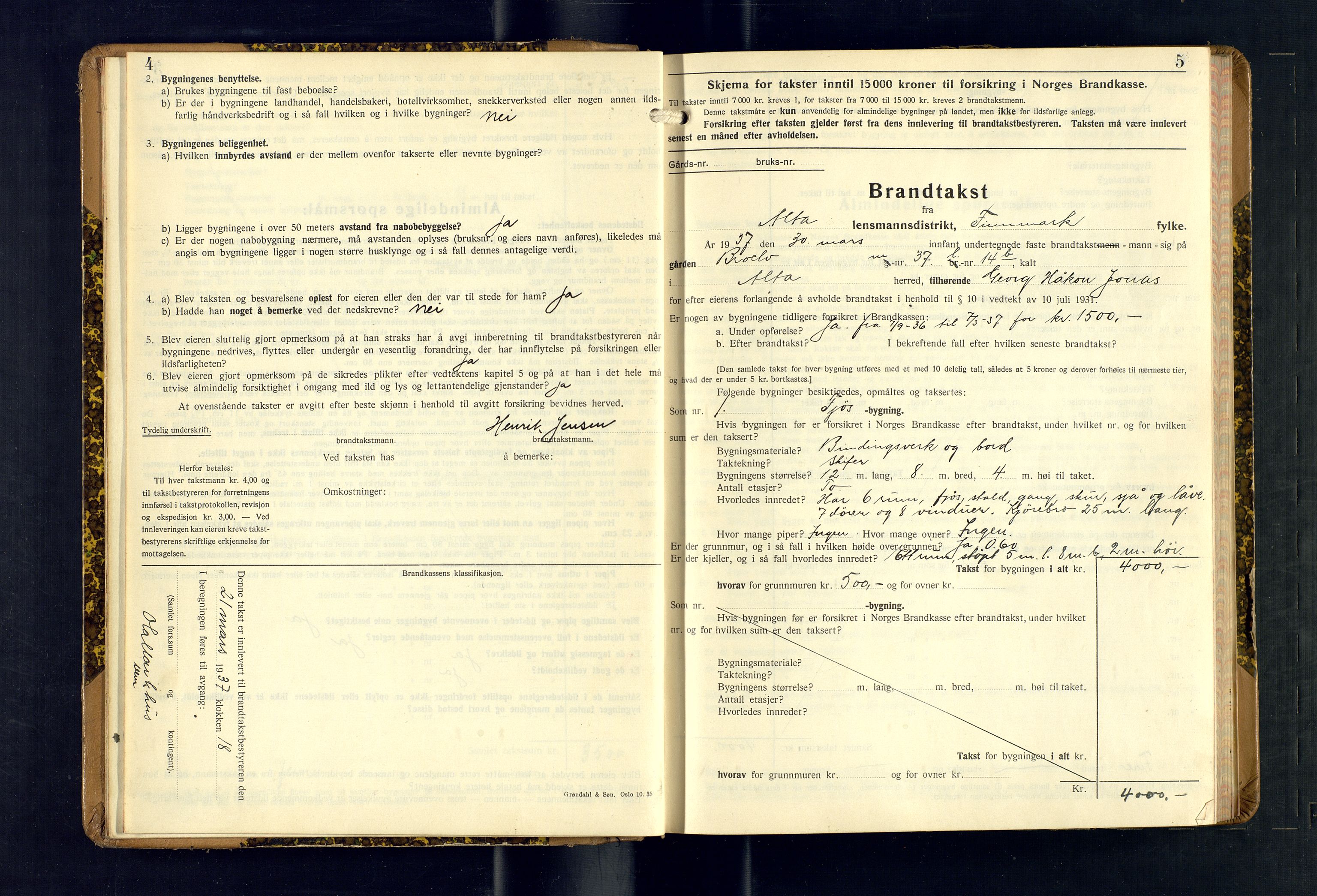 Alta lensmannskontor, AV/SATØ-S-1165/O/Ob/L0178: Branntakstprotokoll, 1937-1940, p. 4-5