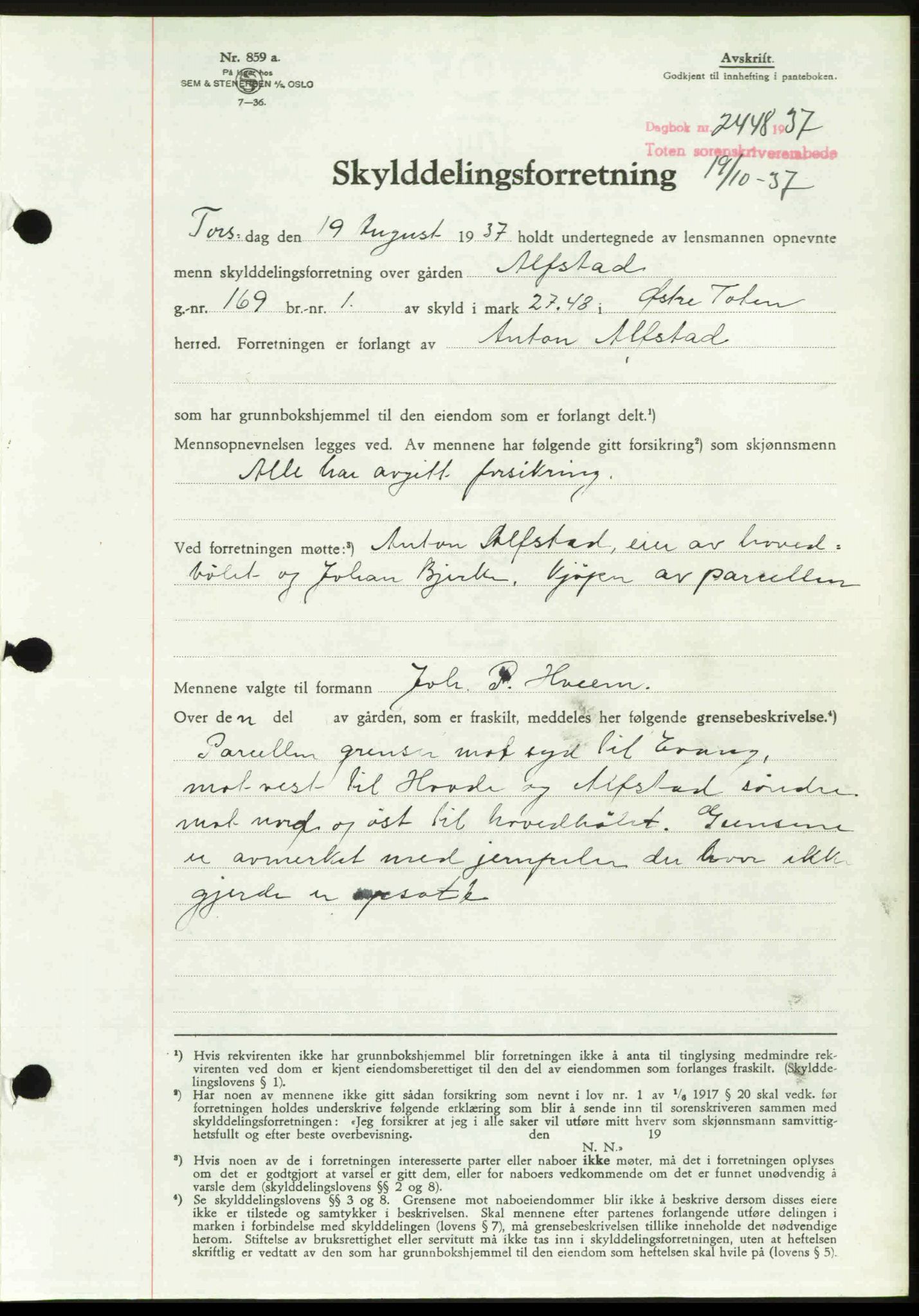 Toten tingrett, SAH/TING-006/H/Hb/Hbc/L0003: Mortgage book no. Hbc-03, 1937-1938, Diary no: : 2448/1937