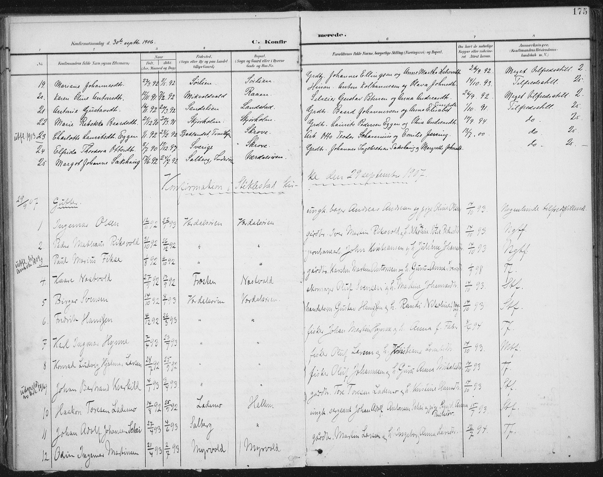 Ministerialprotokoller, klokkerbøker og fødselsregistre - Nord-Trøndelag, SAT/A-1458/723/L0246: Parish register (official) no. 723A15, 1900-1917, p. 175