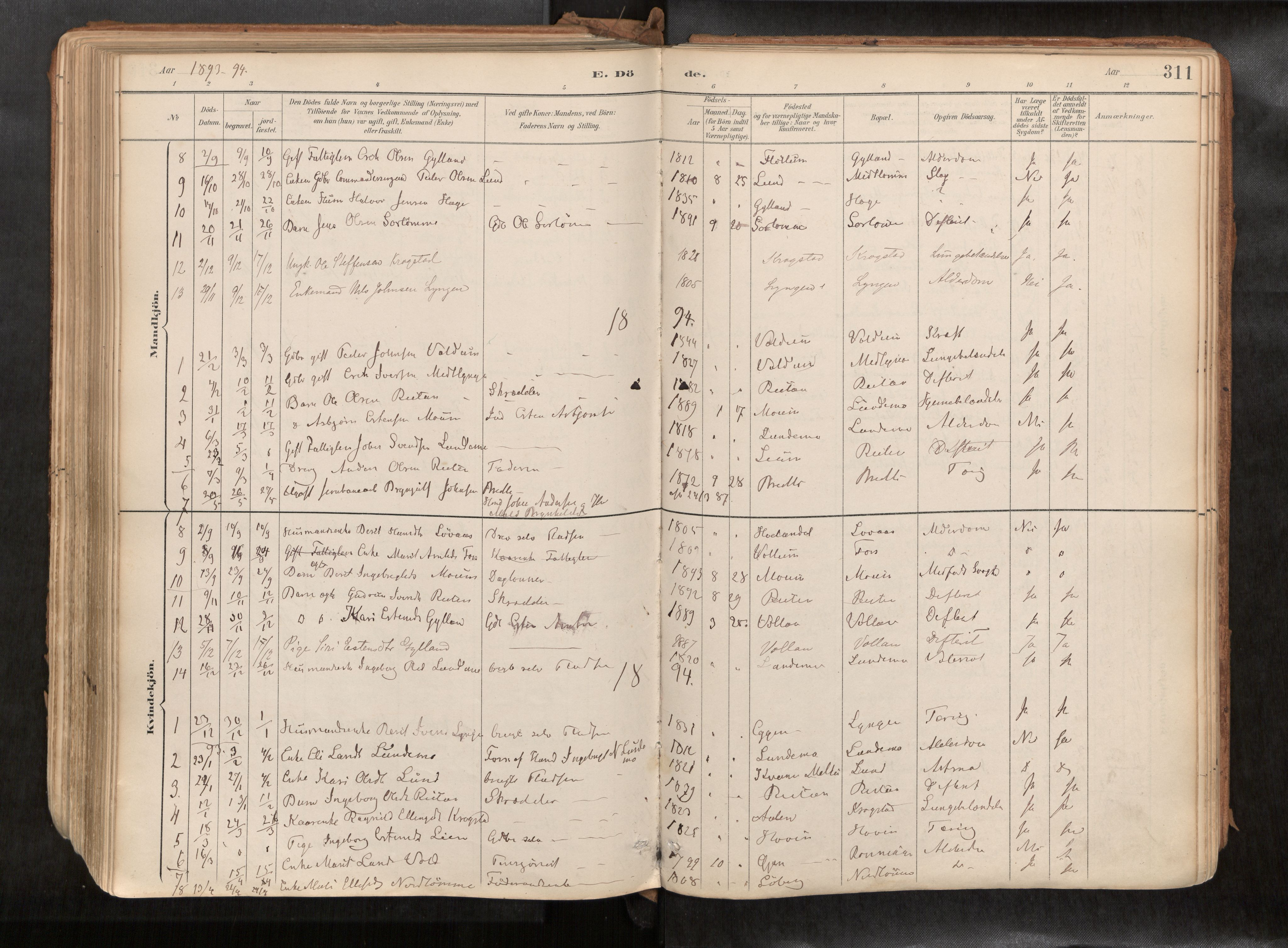 Ministerialprotokoller, klokkerbøker og fødselsregistre - Sør-Trøndelag, AV/SAT-A-1456/692/L1105b: Parish register (official) no. 692A06, 1891-1934, p. 311