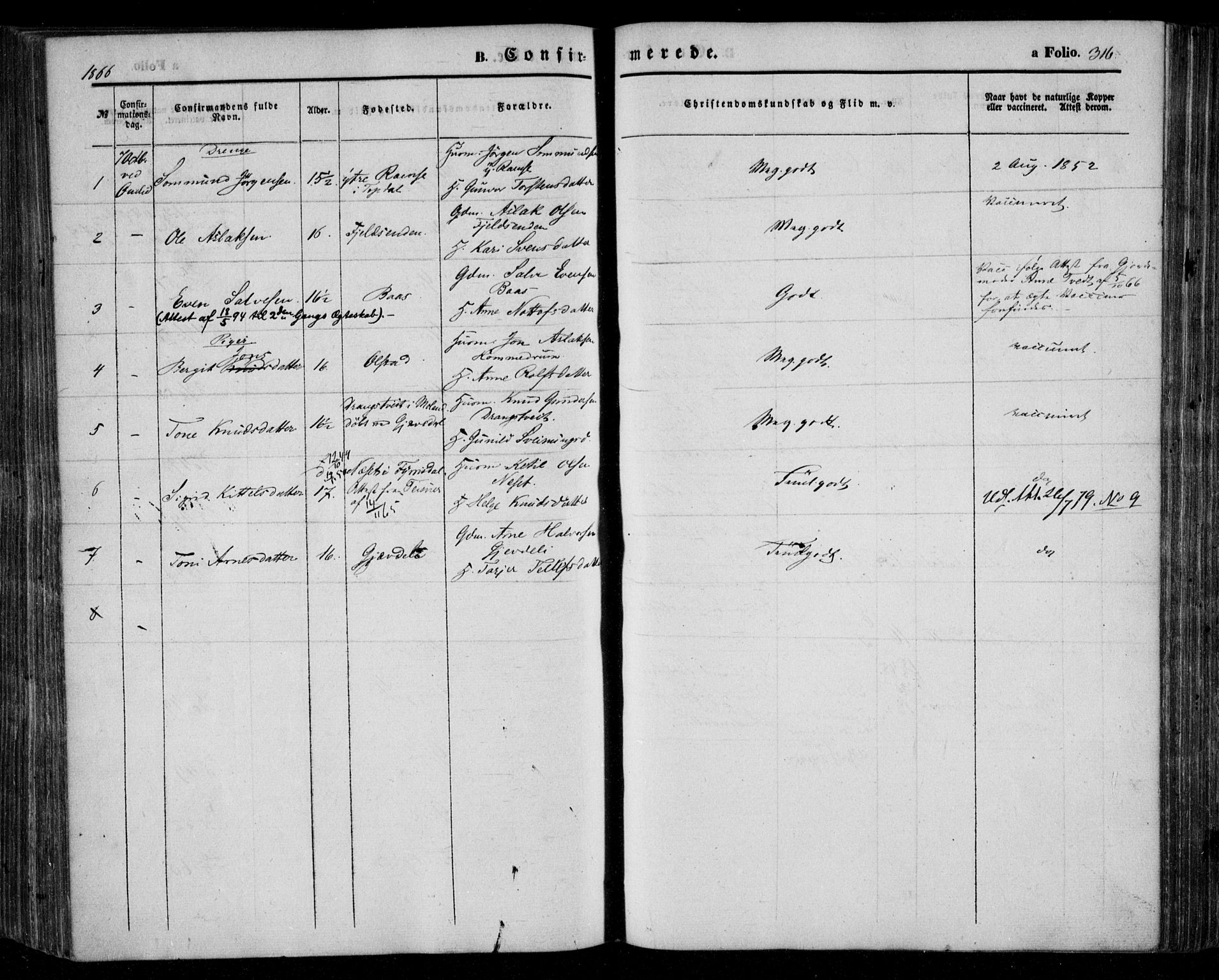 Åmli sokneprestkontor, SAK/1111-0050/F/Fa/Fac/L0008: Parish register (official) no. A 8, 1852-1869, p. 316