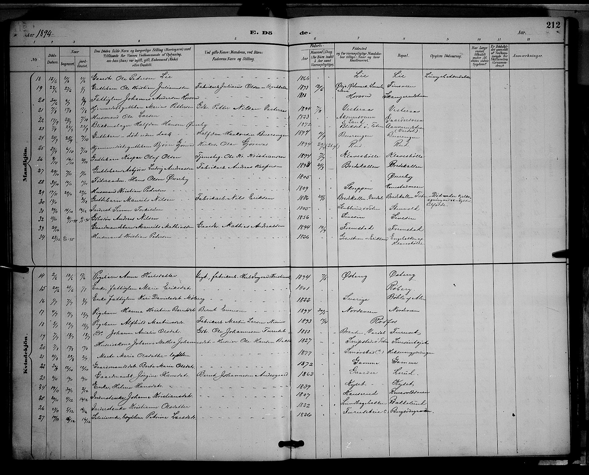 Vestre Toten prestekontor, SAH/PREST-108/H/Ha/Hab/L0009: Parish register (copy) no. 9, 1888-1900, p. 212