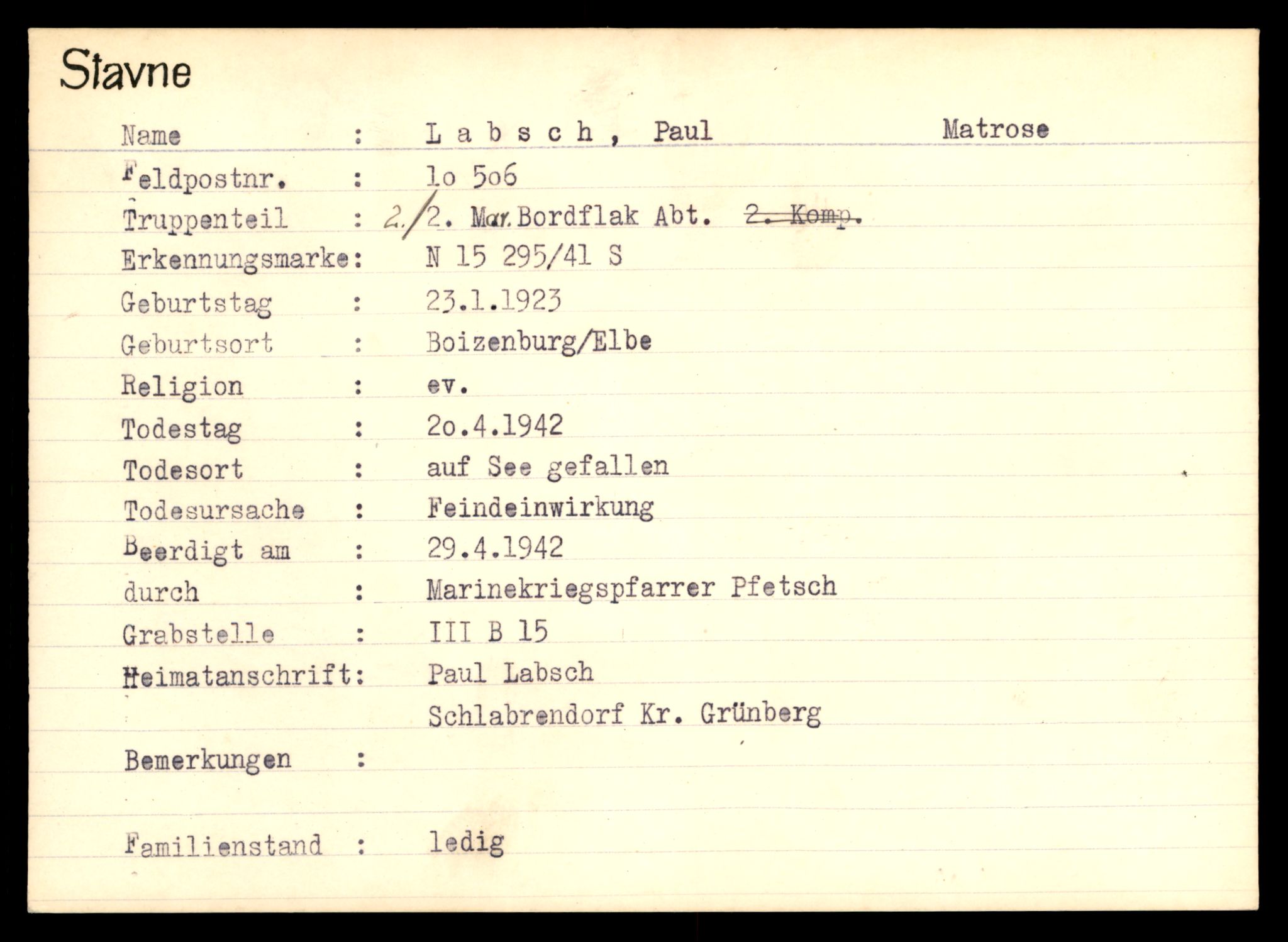 Distriktskontoret for krigsgraver, SAT/A-5030/E/L0003: Kasett/kartotek over tysk Krigskirkegård Stavne, 1945, p. 817