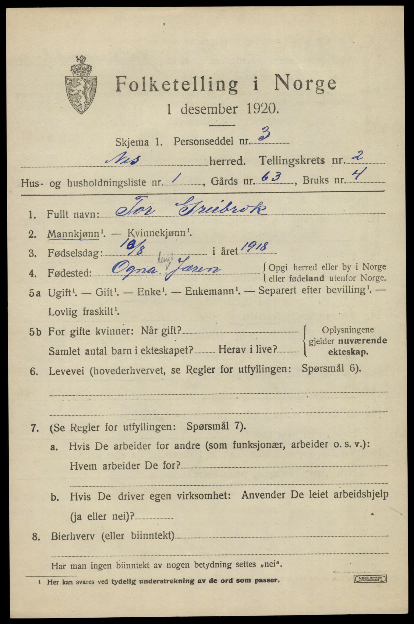 SAK, 1920 census for Nes (V-A), 1920, p. 1388