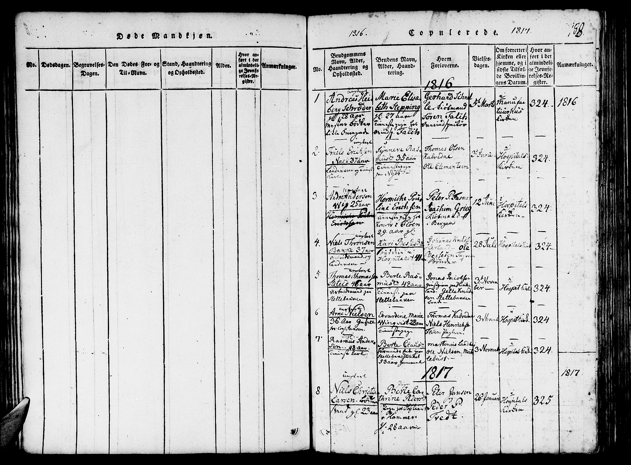 St. Jørgens hospital og Årstad sokneprestembete, AV/SAB-A-99934: Parish register (official) no. A 3, 1815-1843, p. 188