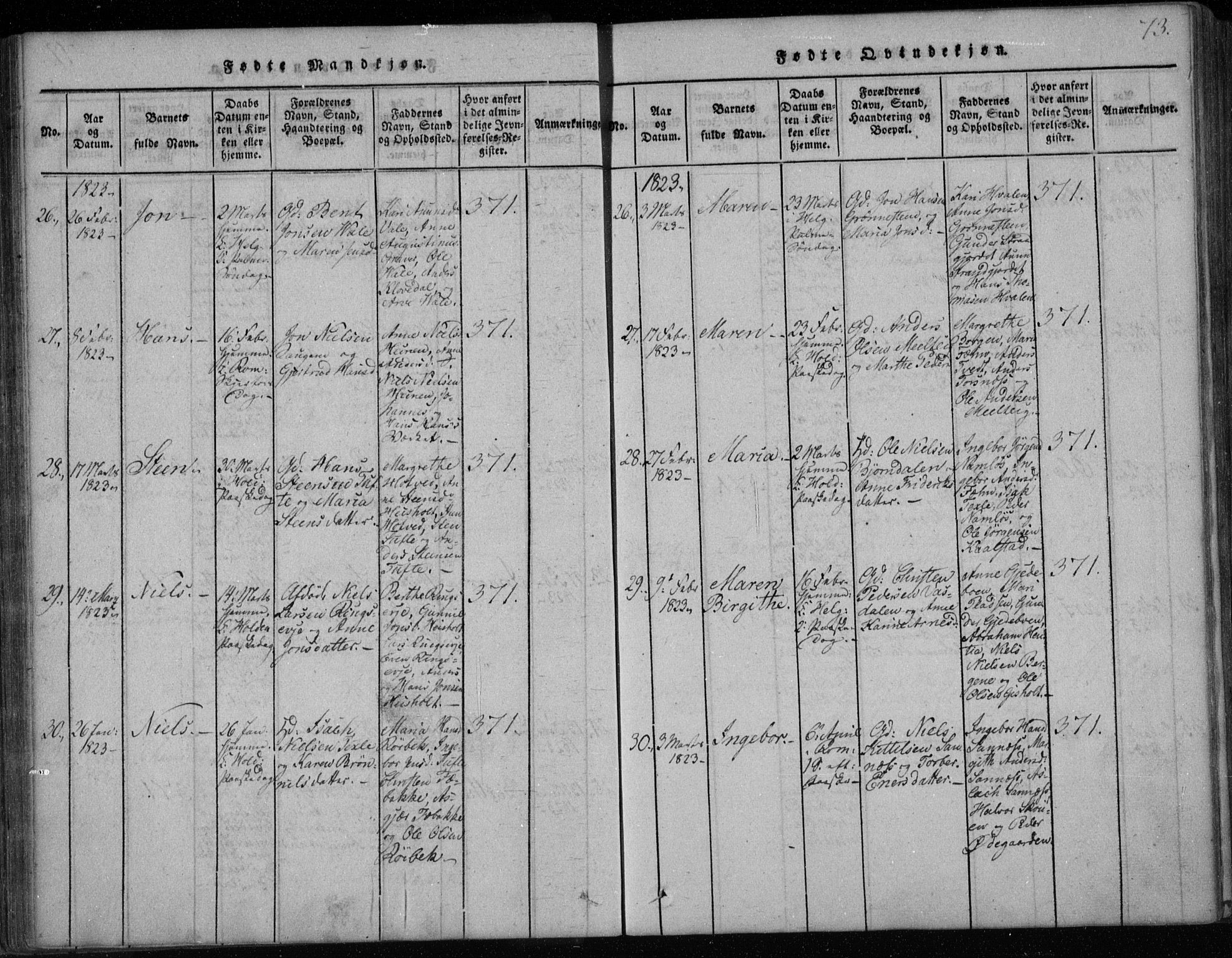 Holla kirkebøker, SAKO/A-272/F/Fa/L0003: Parish register (official) no. 3, 1815-1830, p. 73