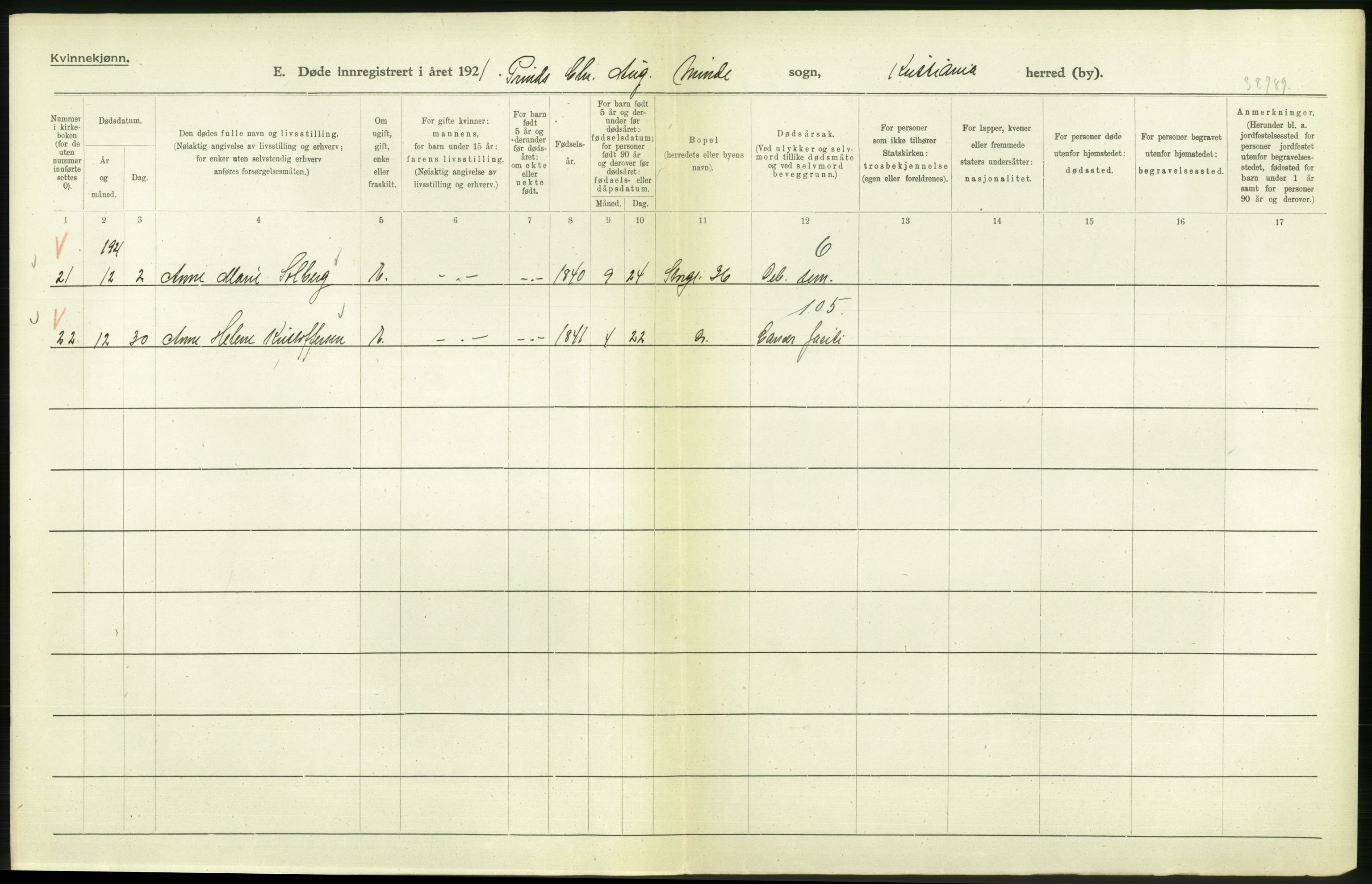 Statistisk sentralbyrå, Sosiodemografiske emner, Befolkning, AV/RA-S-2228/D/Df/Dfc/Dfca/L0013: Kristiania: Døde, dødfødte, 1921, p. 34