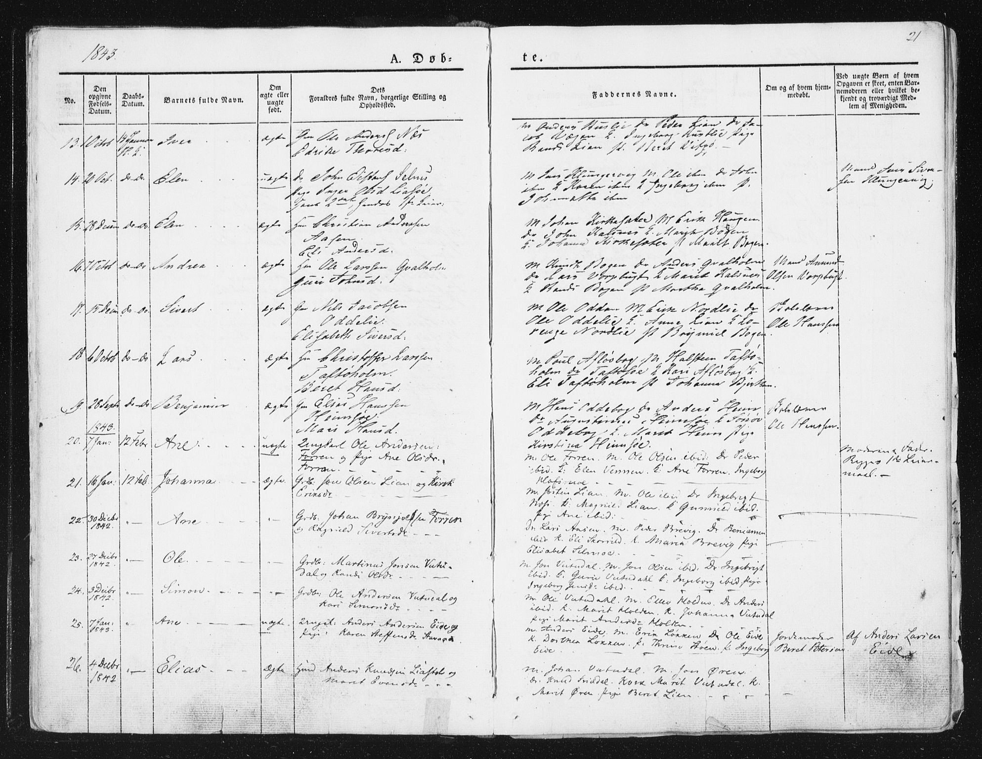 Ministerialprotokoller, klokkerbøker og fødselsregistre - Sør-Trøndelag, SAT/A-1456/630/L0493: Parish register (official) no. 630A06, 1841-1851, p. 21