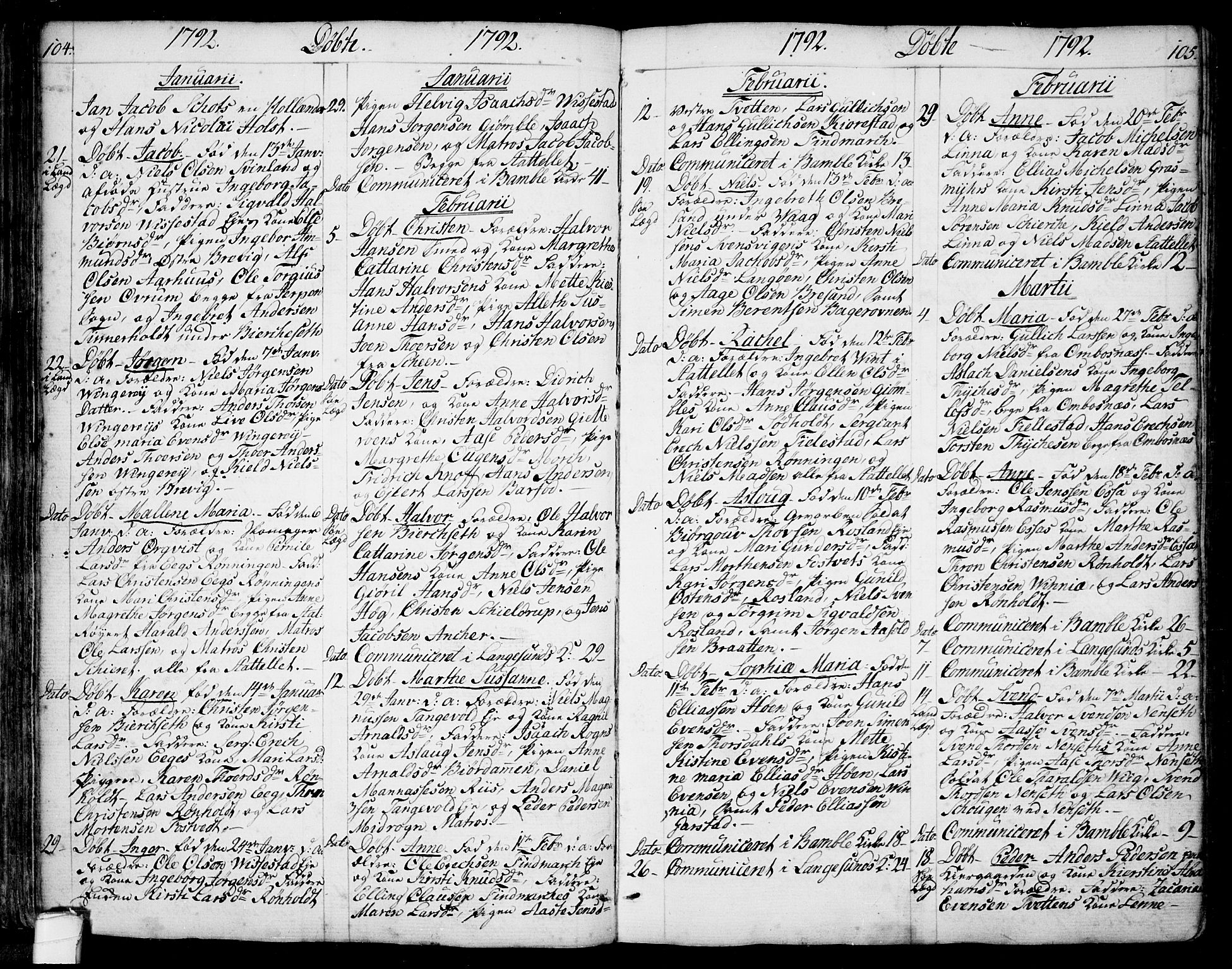 Bamble kirkebøker, SAKO/A-253/F/Fa/L0002: Parish register (official) no. I 2, 1775-1814, p. 104-105