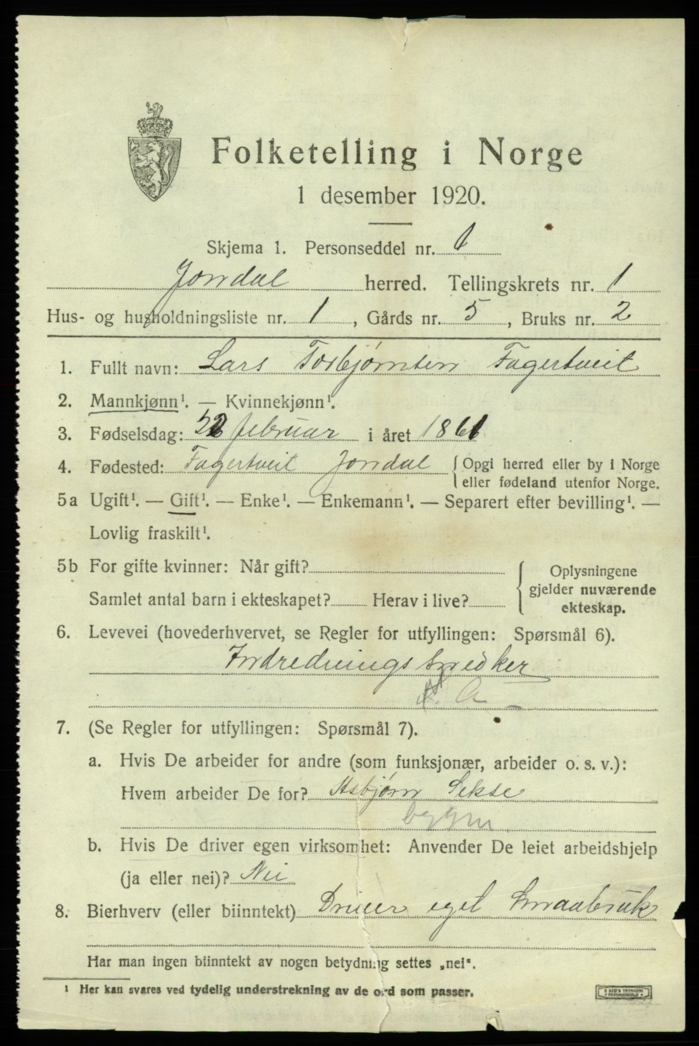 SAB, 1920 census for Jondal, 1920, p. 844