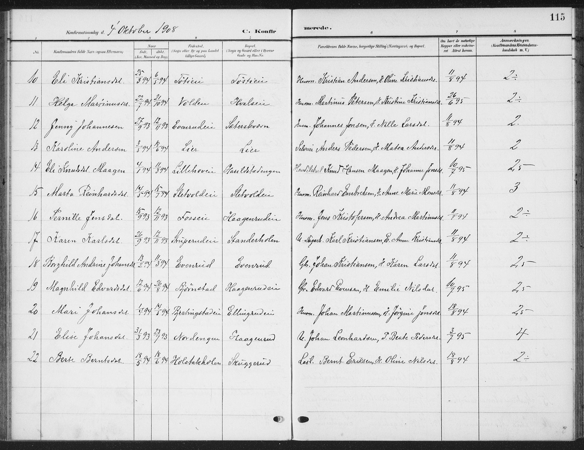Romedal prestekontor, SAH/PREST-004/K/L0009: Parish register (official) no. 9, 1906-1929, p. 115
