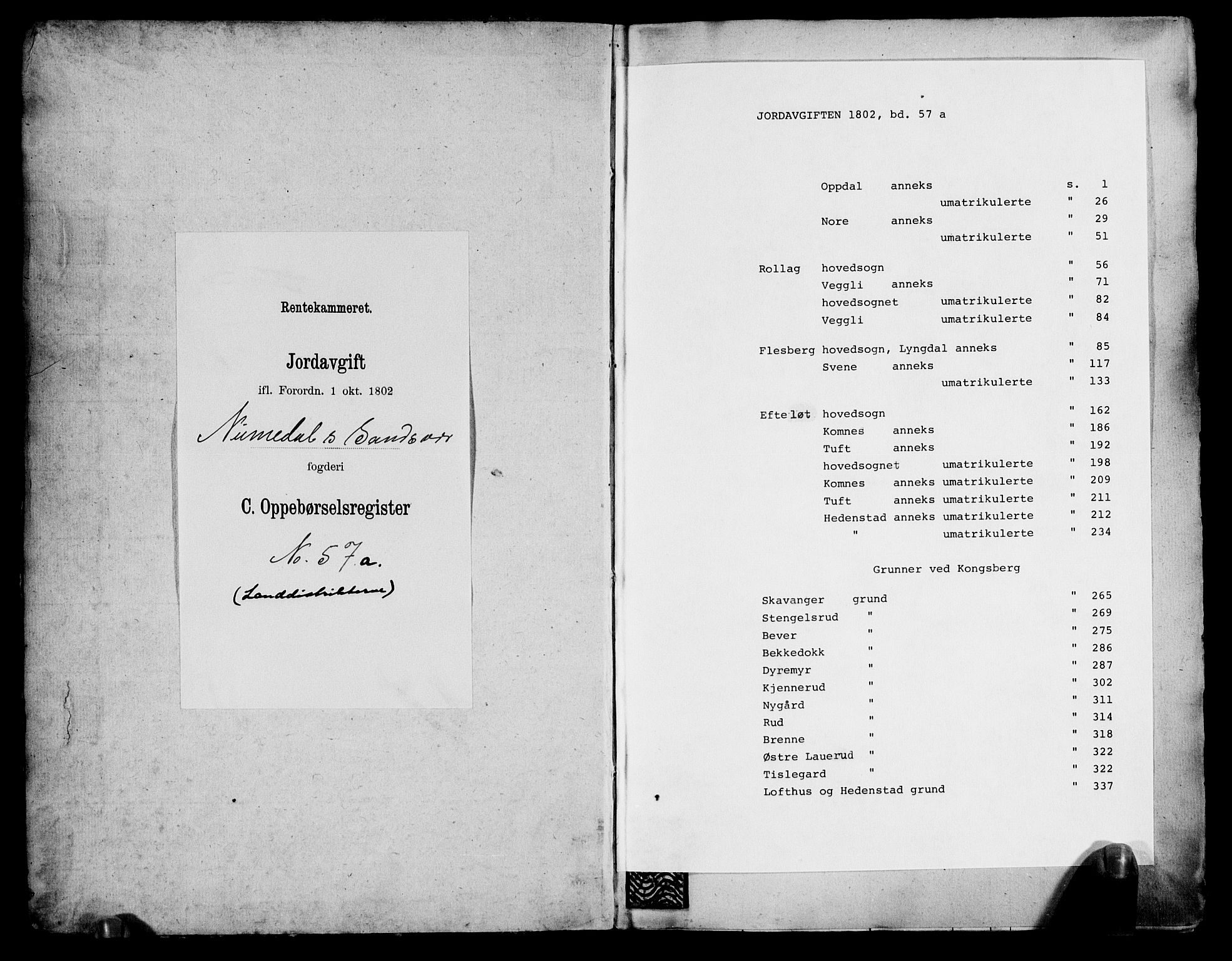 Rentekammeret inntil 1814, Realistisk ordnet avdeling, AV/RA-EA-4070/N/Ne/Nea/L0057a: Numedal og Sandsvær fogderi. Oppebørselsregister for fogderiets landdistrikter, 1803-1804, p. 1