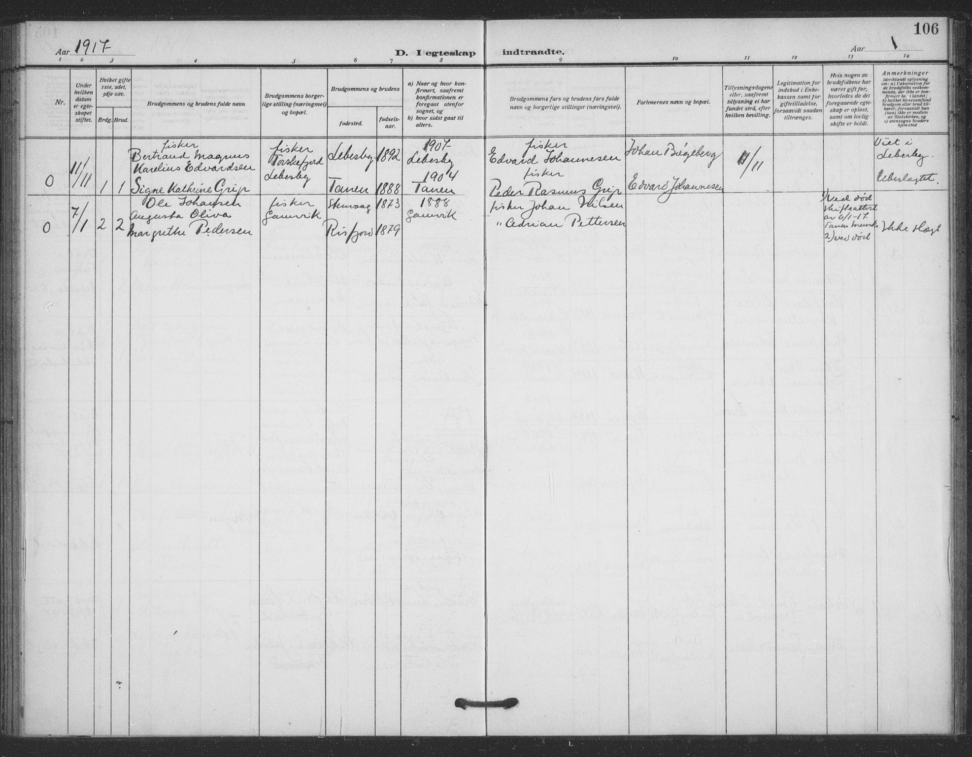 Tana sokneprestkontor, AV/SATØ-S-1334/H/Ha/L0008kirke: Parish register (official) no. 8, 1908-1920, p. 106