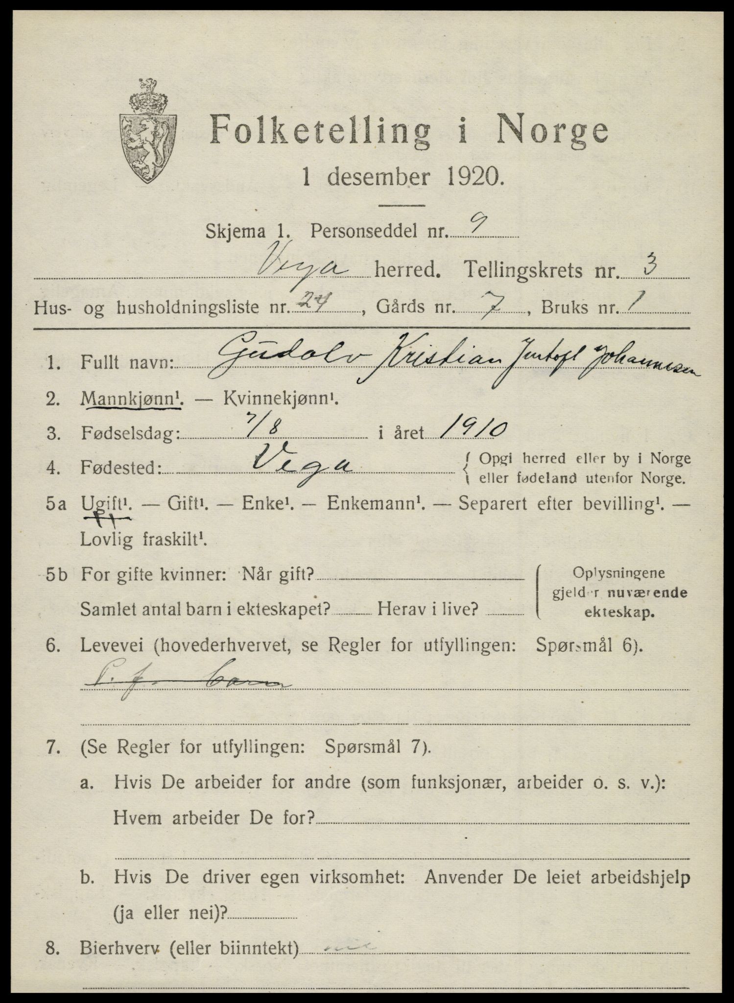 SAT, 1920 census for Vega, 1920, p. 1933