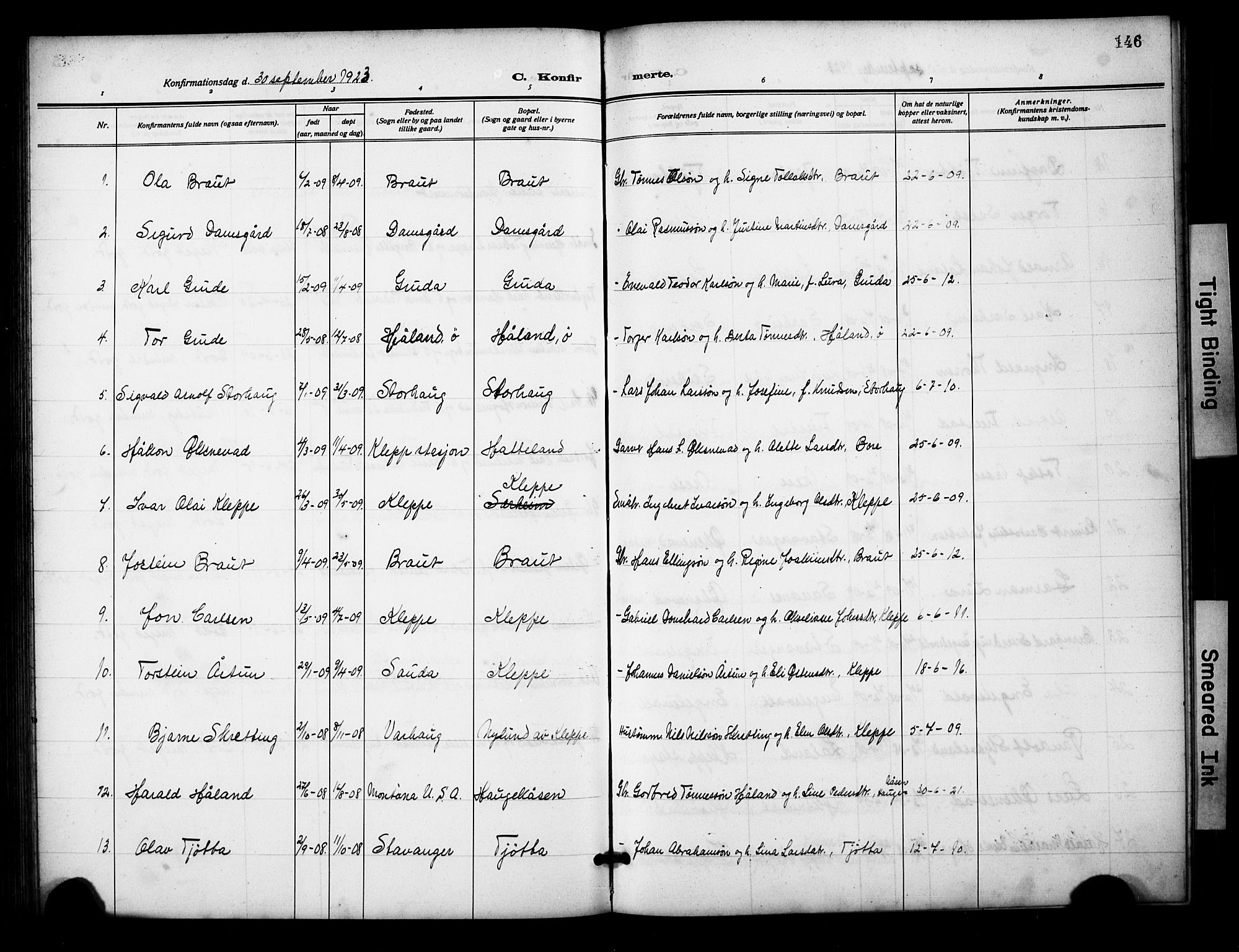 Klepp sokneprestkontor, AV/SAST-A-101803/001/3/30BB/L0007: Parish register (copy) no. B 7, 1908-1934, p. 146