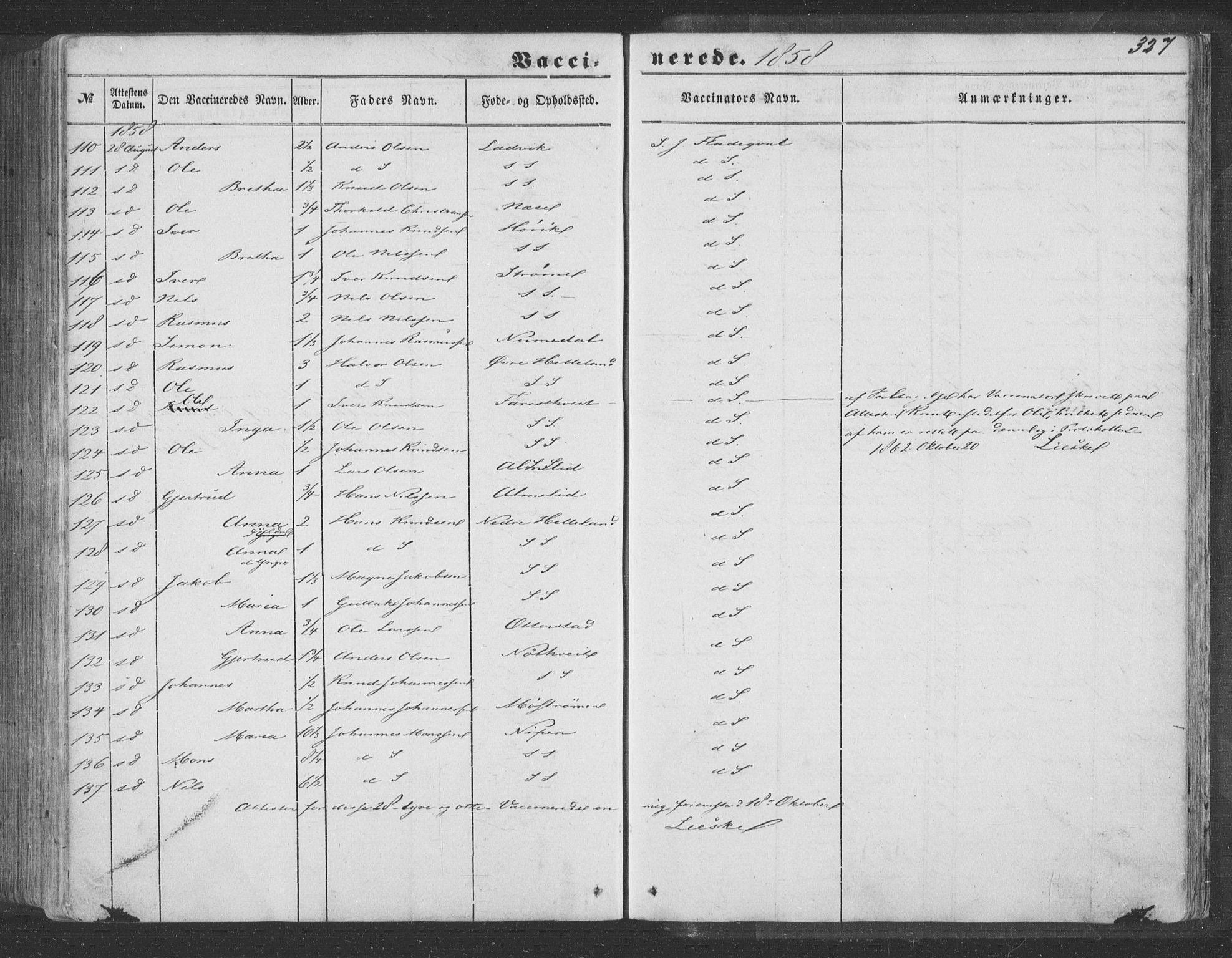 Hosanger sokneprestembete, SAB/A-75801/H/Haa: Parish register (official) no. A 8, 1849-1863, p. 327