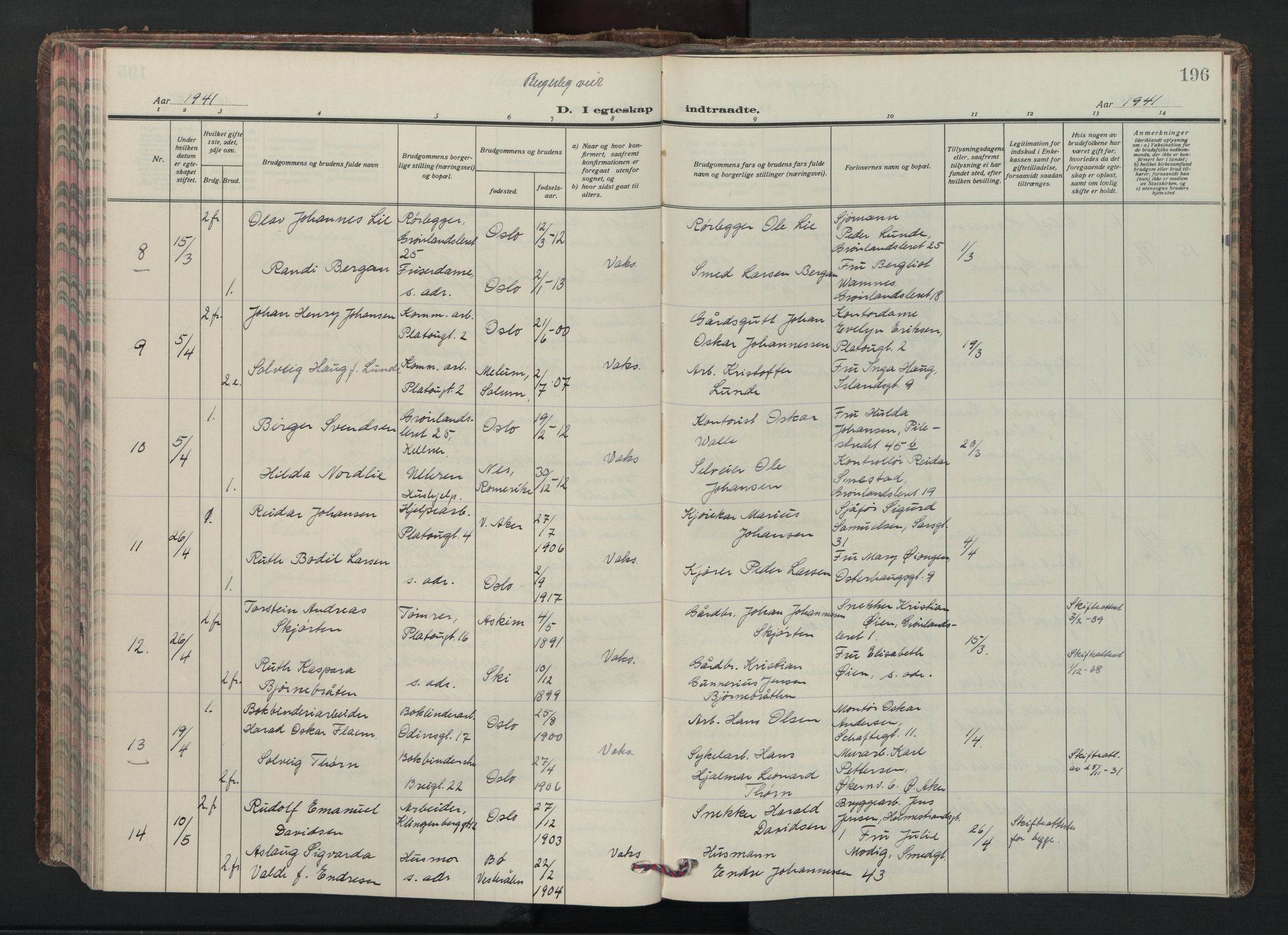 Grønland prestekontor Kirkebøker, AV/SAO-A-10848/F/Fa/L0020: Parish register (official) no. 20, 1935-1946, p. 196