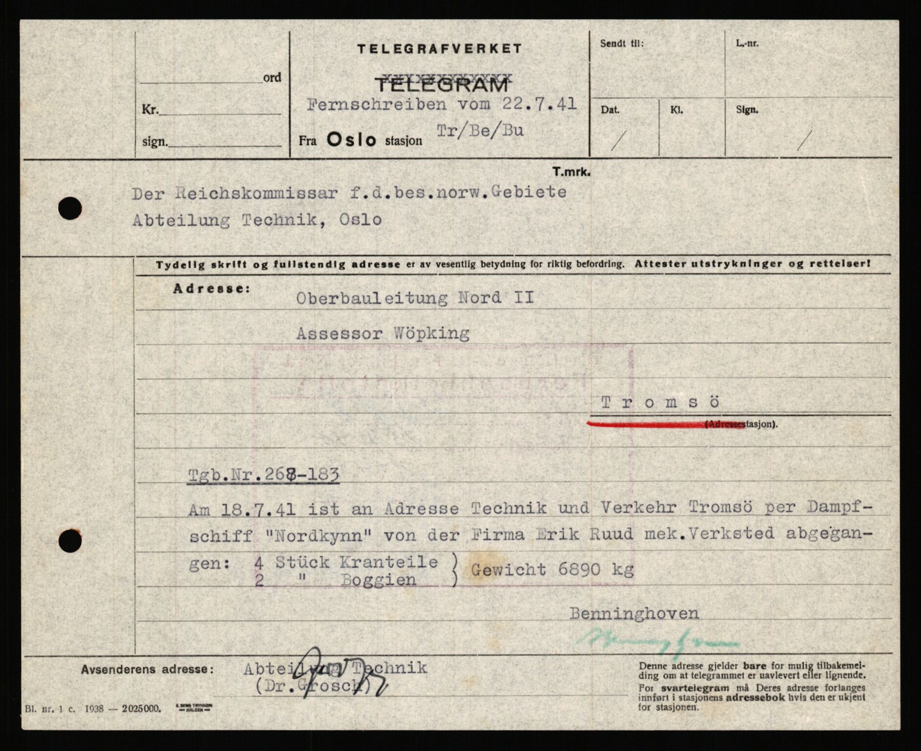 Tyske arkiver, Organisation Todt (OT), Einsatzgruppe Wiking, AV/RA-RAFA-2188/2/B/Bb/L0006: Korrespondanse med Kriegsmarine, 1940-1941, p. 560