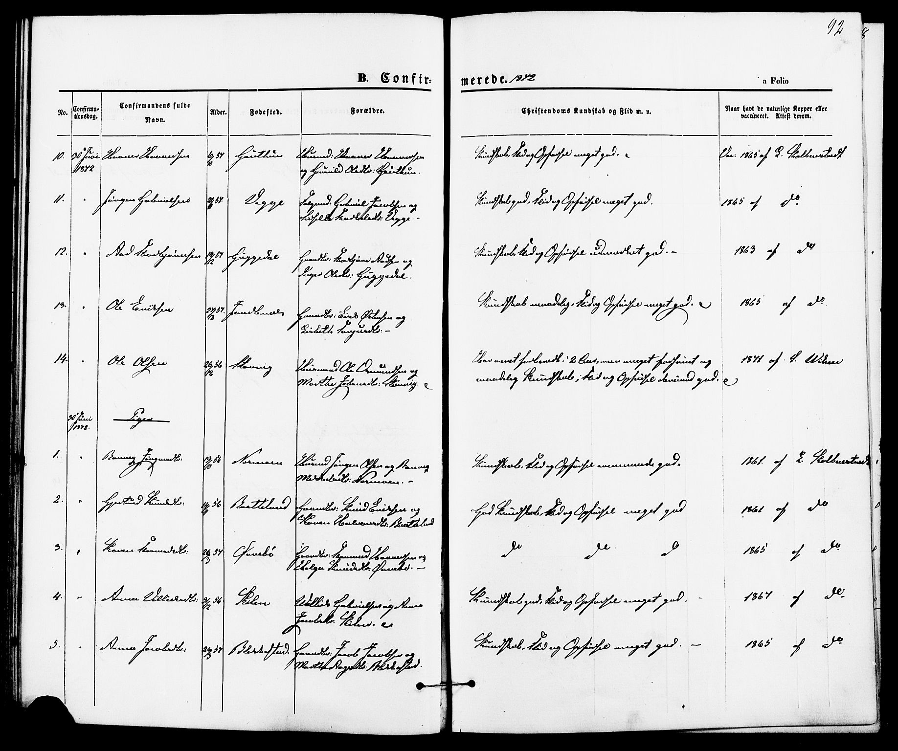 Suldal sokneprestkontor, AV/SAST-A-101845/01/IV/L0010: Parish register (official) no. A 10, 1869-1878, p. 92