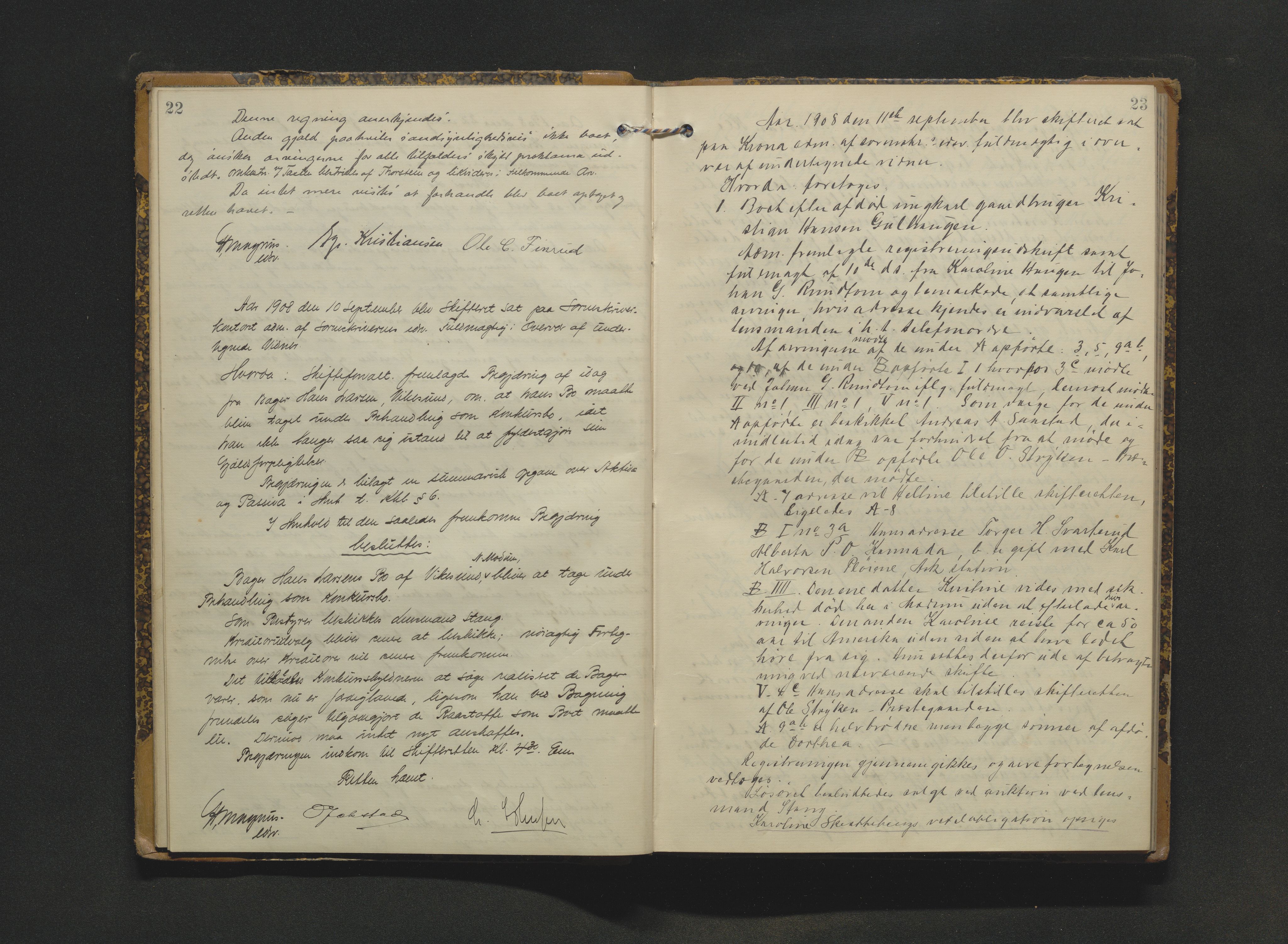 Eiker, Modum og Sigdal sorenskriveri, AV/SAKO-A-123/H/Hb/Hbb/Hbbd/L0006: Registrerings- og forhandlingsprotokoll, 1908-1912, p. 22-23