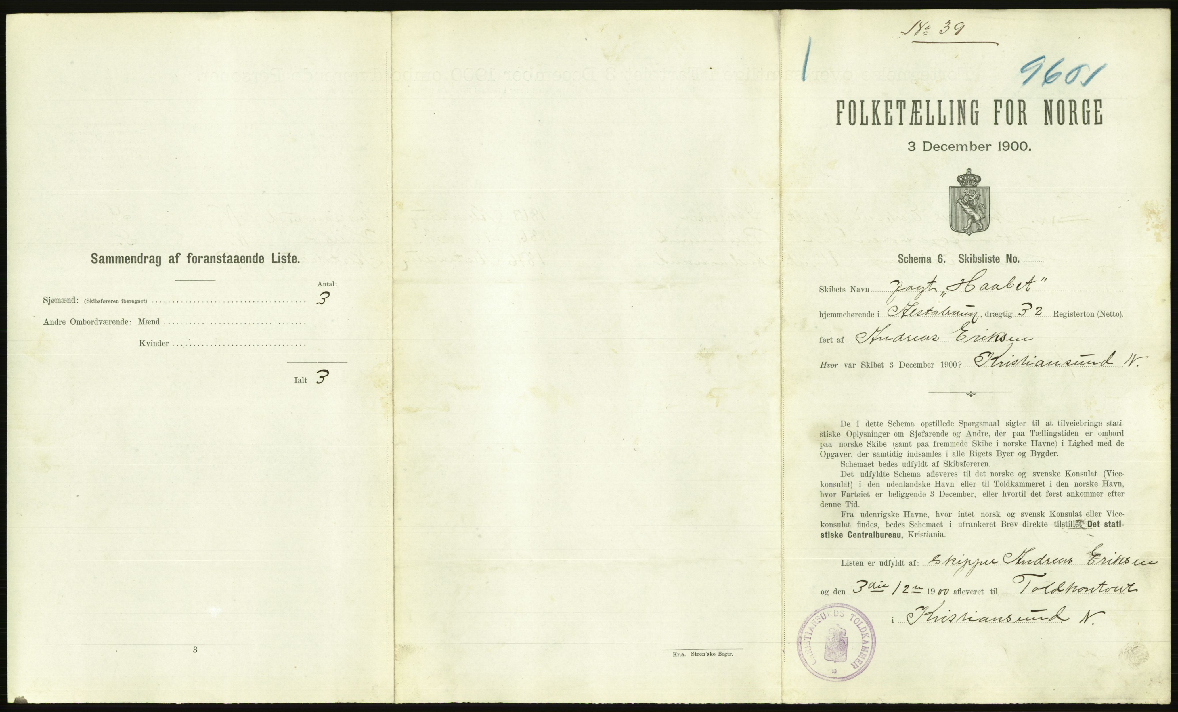 RA, 1900 Census - ship lists from ships in Norwegian harbours, harbours abroad and at sea, 1900, p. 2201