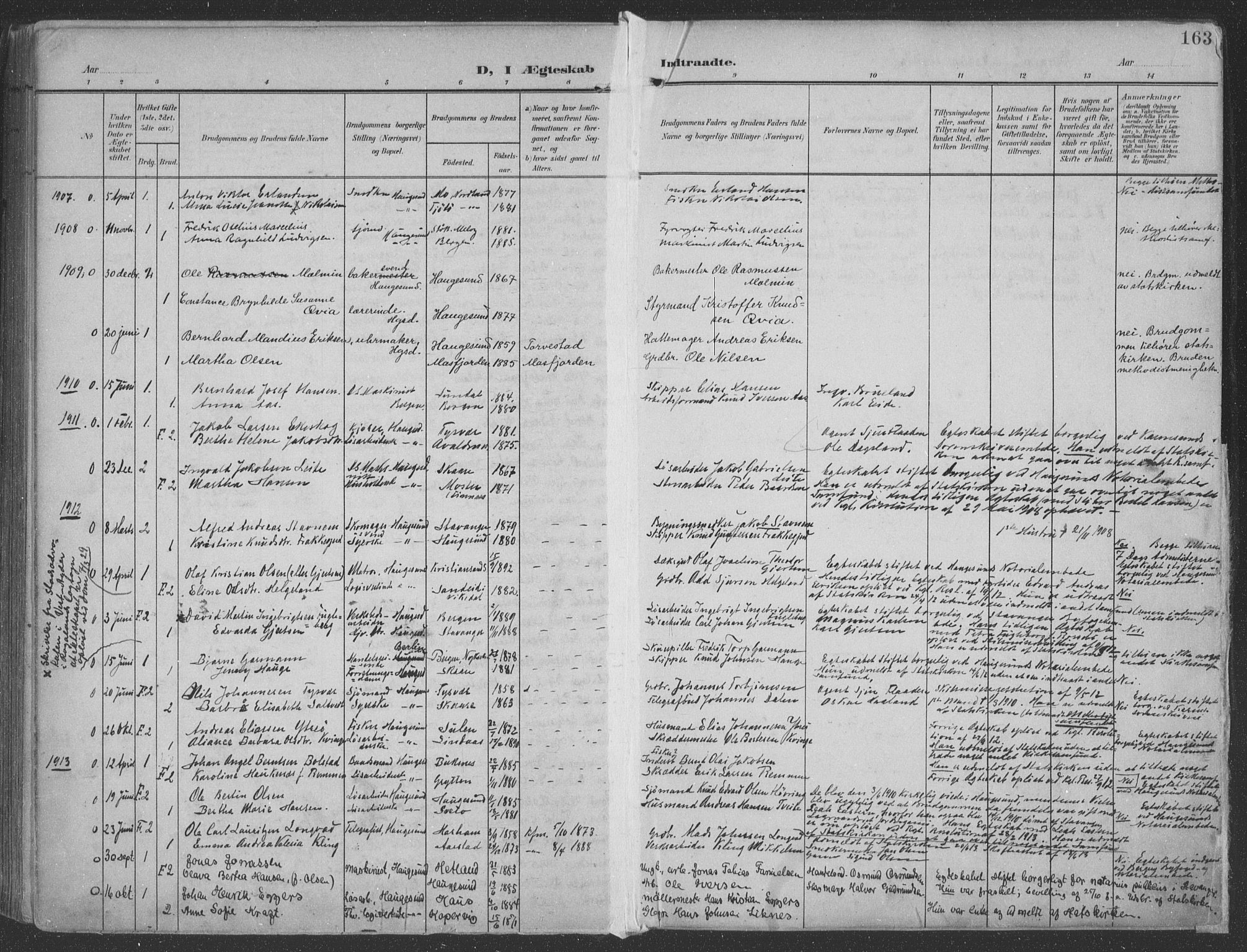 Haugesund sokneprestkontor, SAST/A -101863/H/Ha/Haa/L0007: Parish register (official) no. A 7, 1904-1916, p. 163