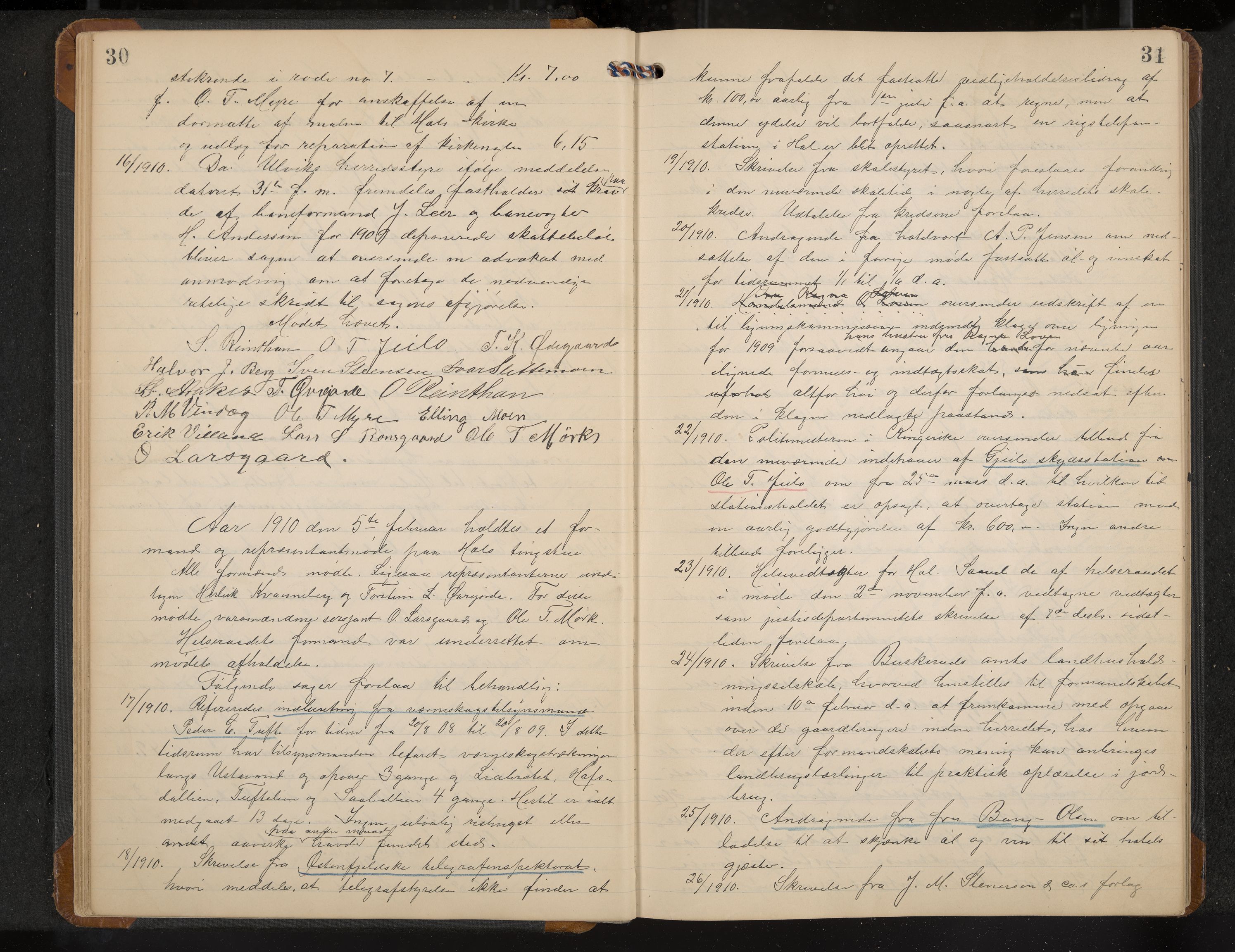 Hol formannskap og sentraladministrasjon, IKAK/0620021-1/A/L0005: Møtebok, 1909-1915, p. 30-31