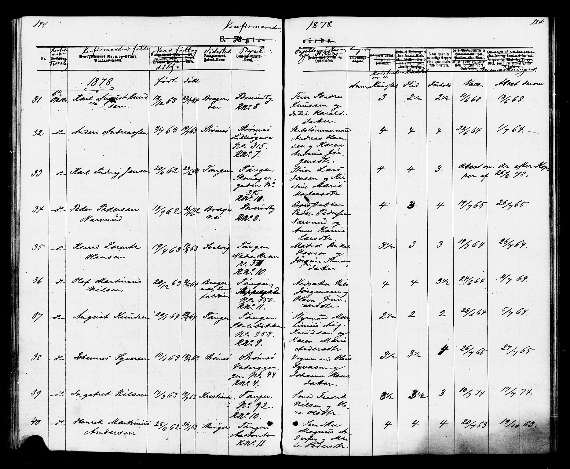 Strømsø kirkebøker, AV/SAKO-A-246/F/Fa/L0020: Parish register (official) no. I 20, 1870-1878, p. 174