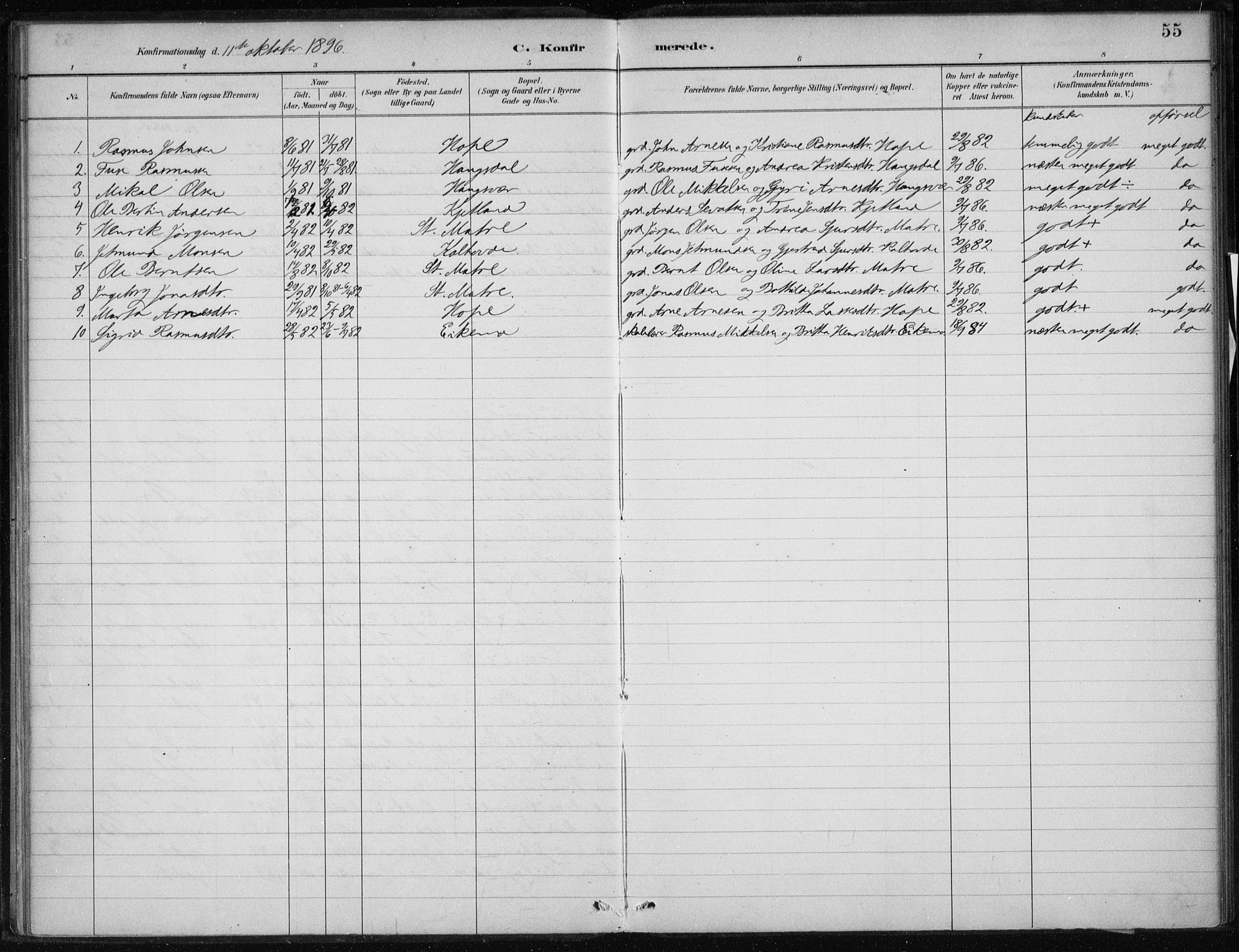 Masfjorden sokneprestembete, AV/SAB-A-77001: Parish register (official) no. C  1, 1882-1896, p. 55