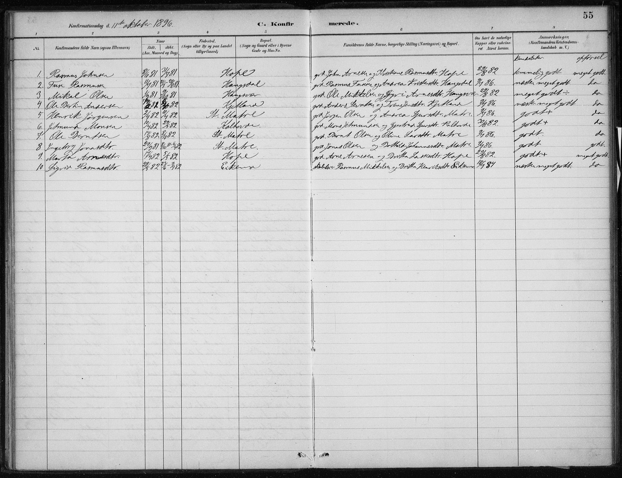 Masfjorden Sokneprestembete, AV/SAB-A-77001: Parish register (official) no. C  1, 1882-1896, p. 55