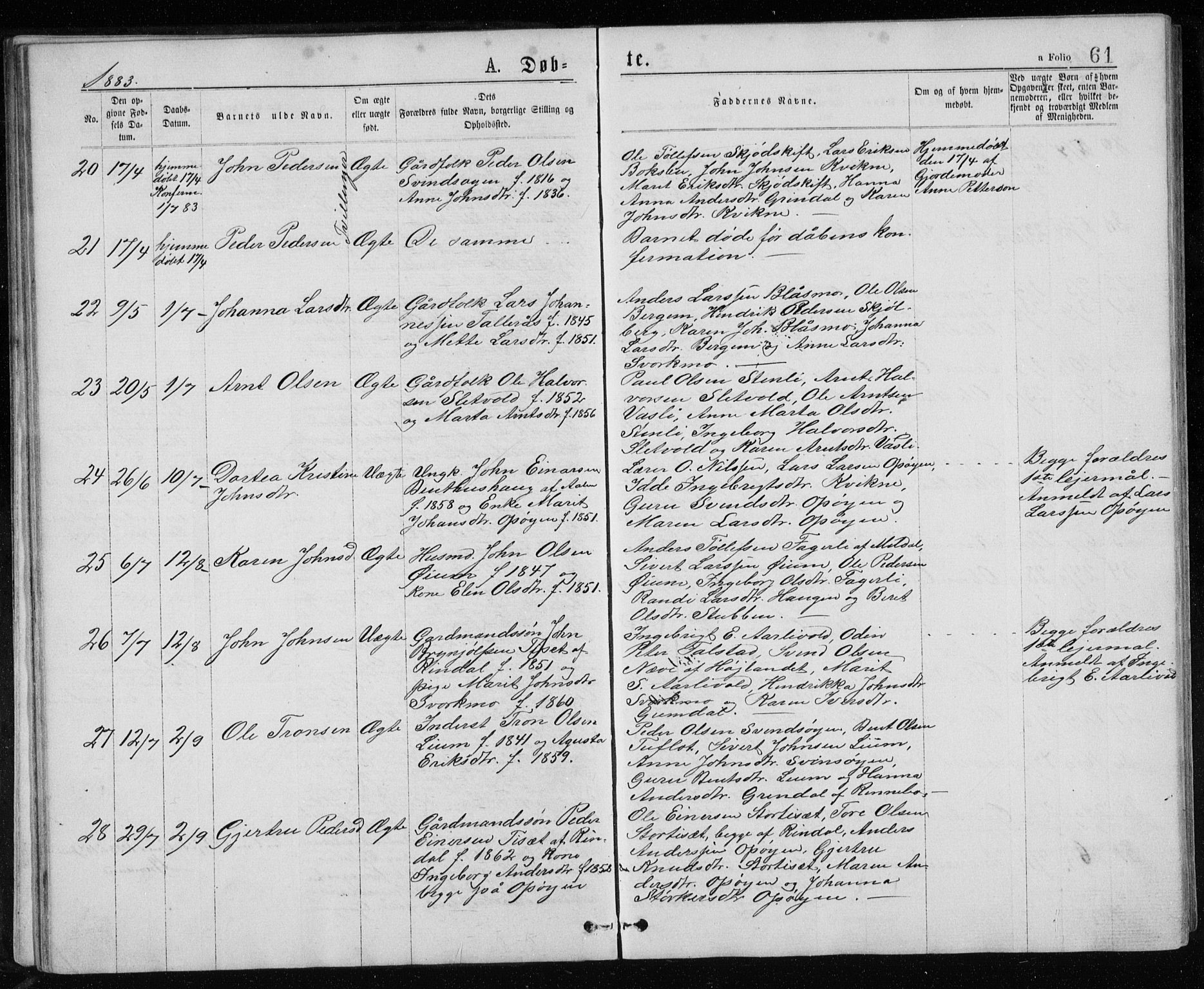 Ministerialprotokoller, klokkerbøker og fødselsregistre - Sør-Trøndelag, SAT/A-1456/671/L0843: Parish register (copy) no. 671C02, 1873-1892, p. 61