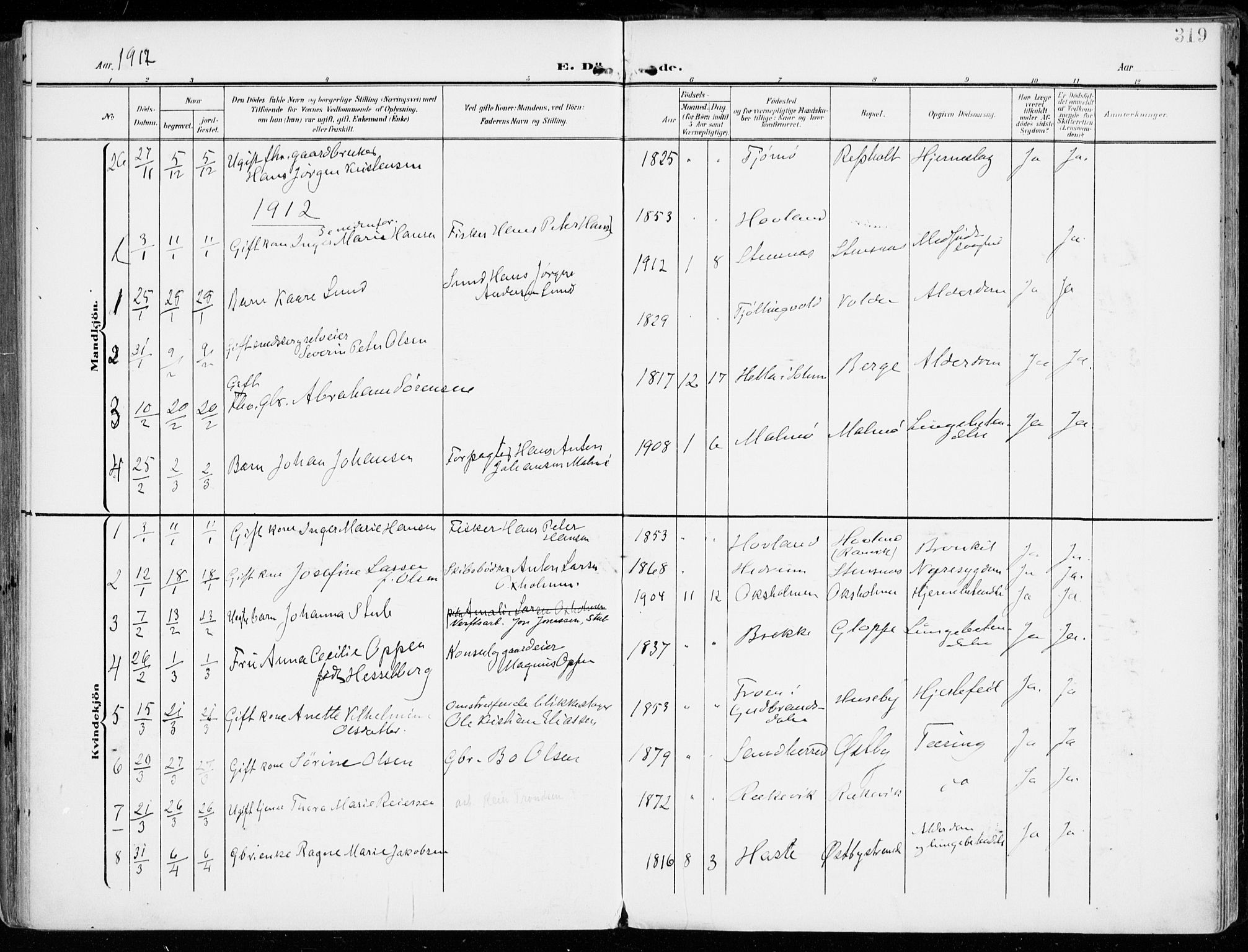 Tjølling kirkebøker, SAKO/A-60/F/Fa/L0010: Parish register (official) no. 10, 1906-1923, p. 319