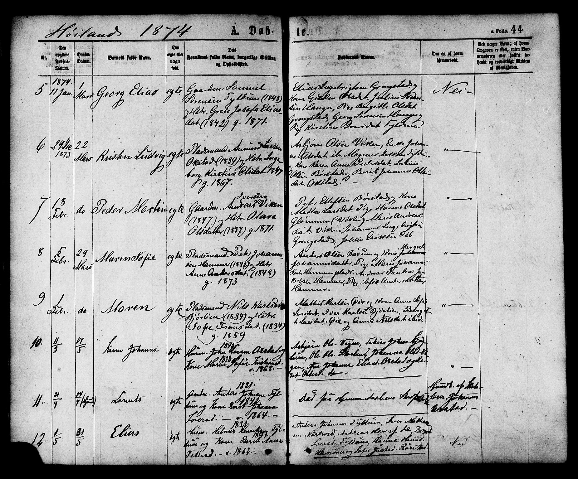 Ministerialprotokoller, klokkerbøker og fødselsregistre - Nord-Trøndelag, AV/SAT-A-1458/758/L0516: Parish register (official) no. 758A03 /2, 1869-1879, p. 44