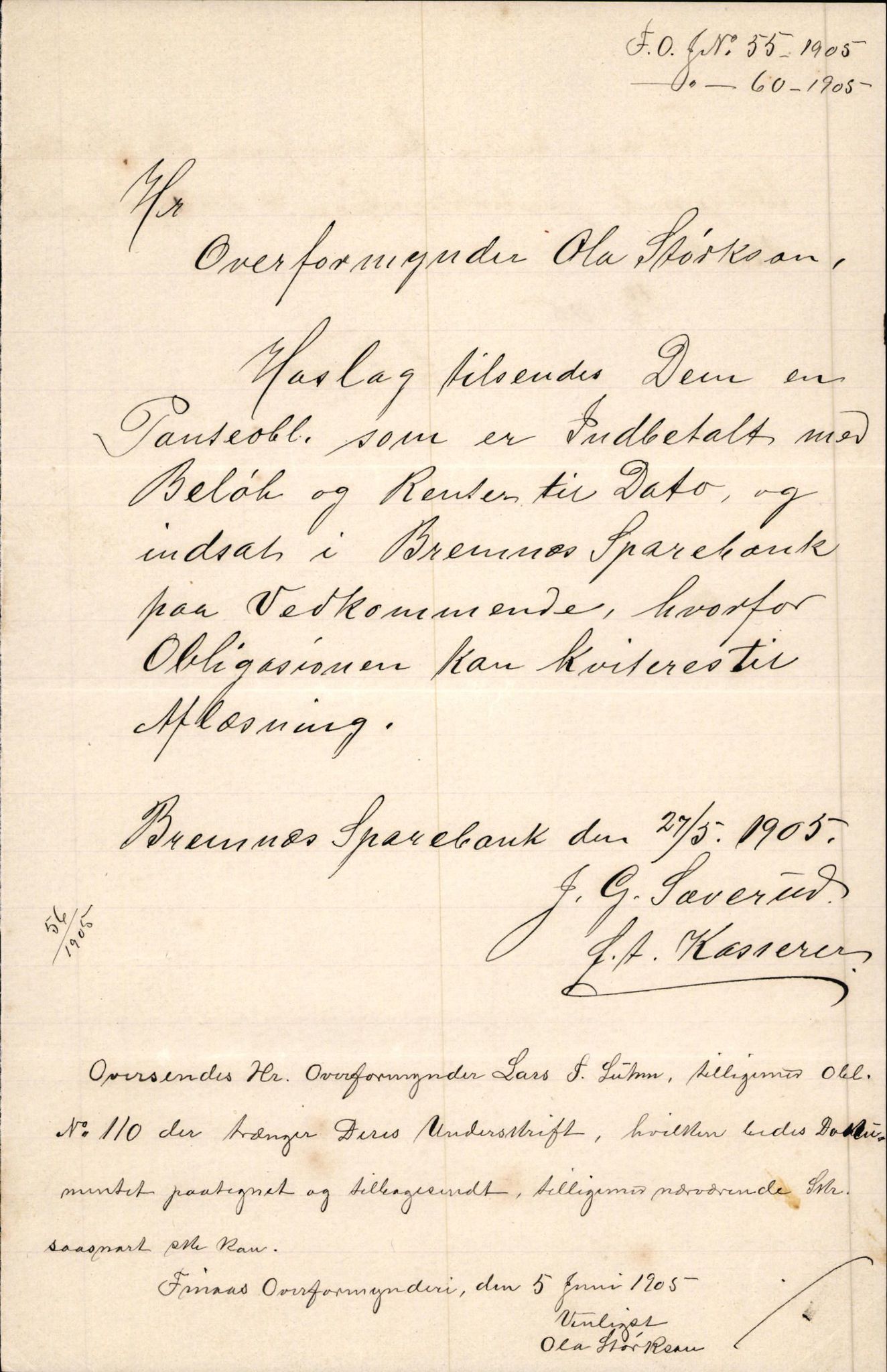 Finnaas kommune. Overformynderiet, IKAH/1218a-812/D/Da/Daa/L0002/0003: Kronologisk ordna korrespondanse / Kronologisk ordna korrespondanse, 1905-1909, p. 21