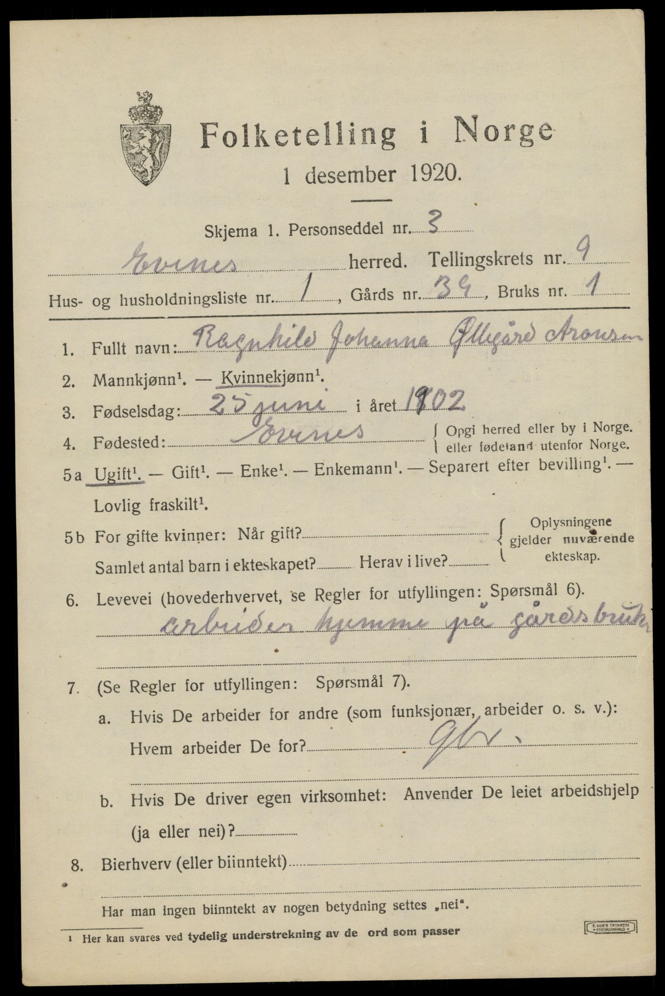 SAT, 1920 census for Evenes, 1920, p. 7042