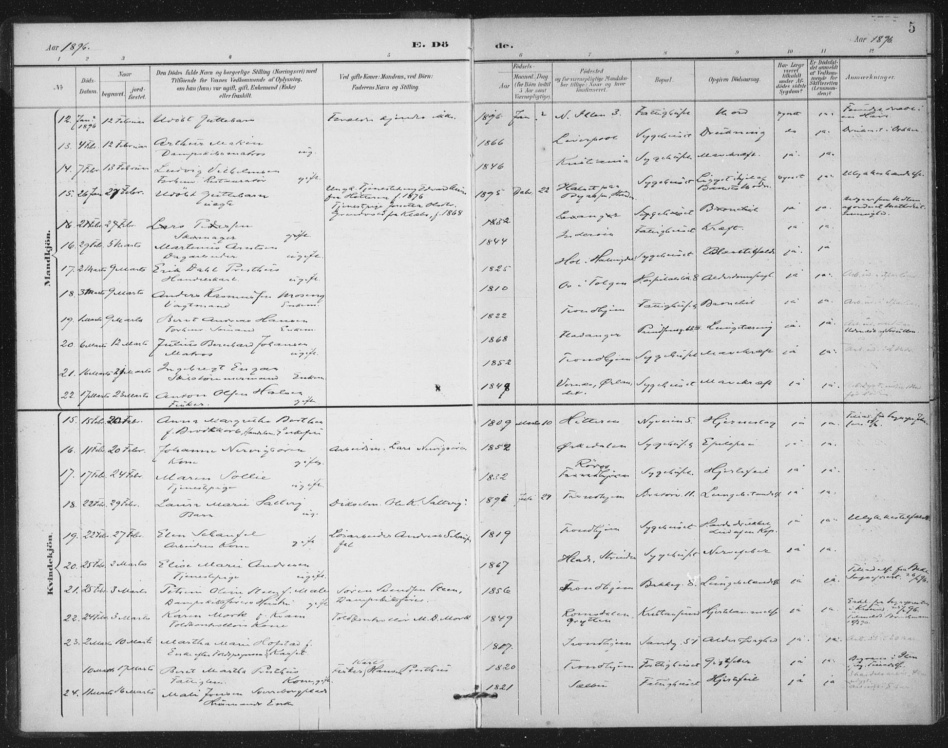 Ministerialprotokoller, klokkerbøker og fødselsregistre - Sør-Trøndelag, SAT/A-1456/602/L0123: Parish register (official) no. 602A21, 1895-1910, p. 5
