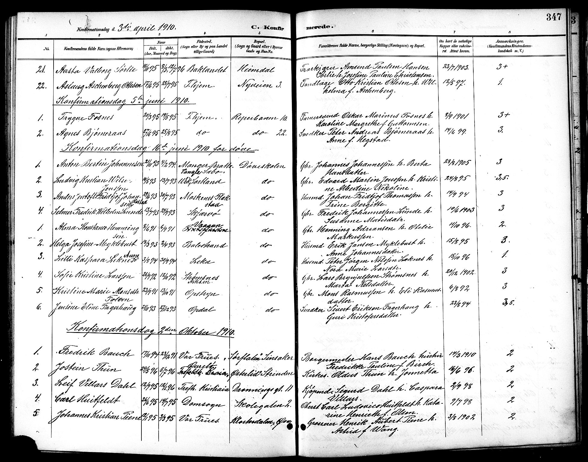 Ministerialprotokoller, klokkerbøker og fødselsregistre - Sør-Trøndelag, SAT/A-1456/601/L0094: Parish register (copy) no. 601C12, 1898-1911, p. 347
