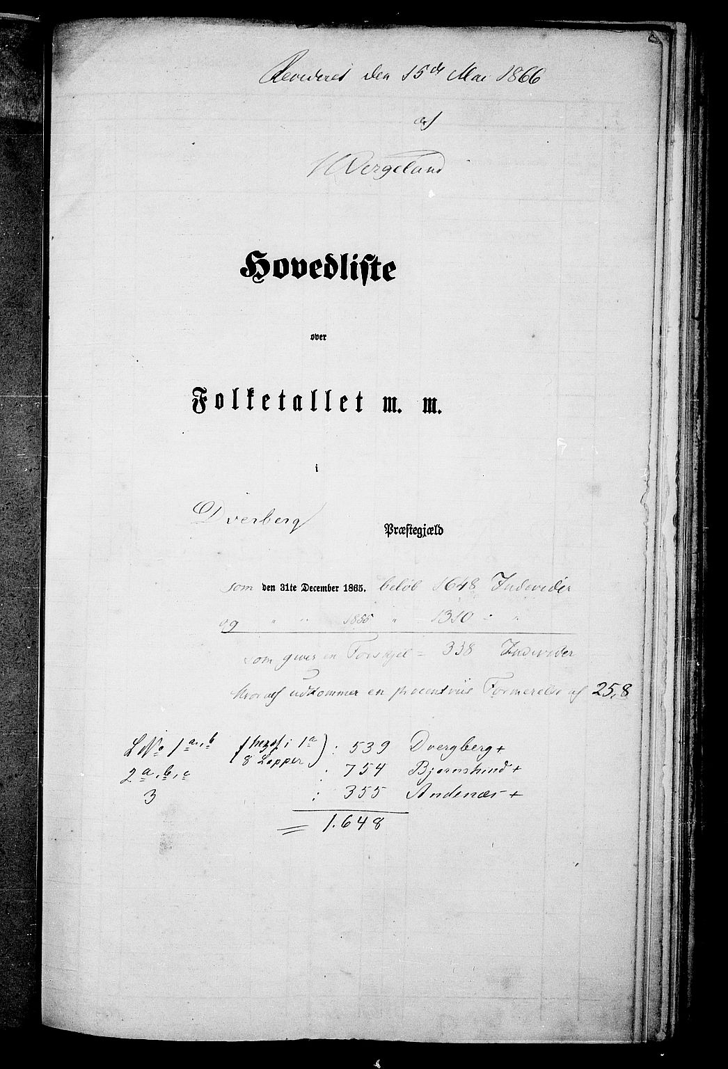 RA, 1865 census for Dverberg, 1865, p. 1