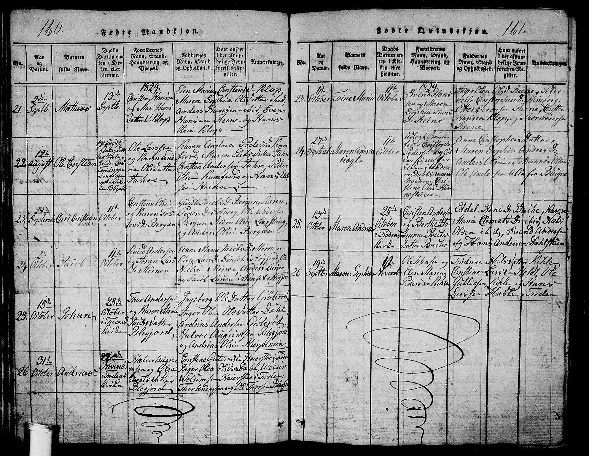 Ramnes kirkebøker, AV/SAKO-A-314/G/Ga/L0001: Parish register (copy) no. I 1, 1813-1847, p. 160-161