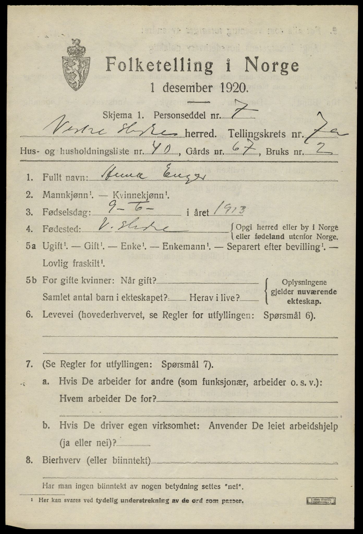 SAH, 1920 census for Vestre Slidre, 1920, p. 4032